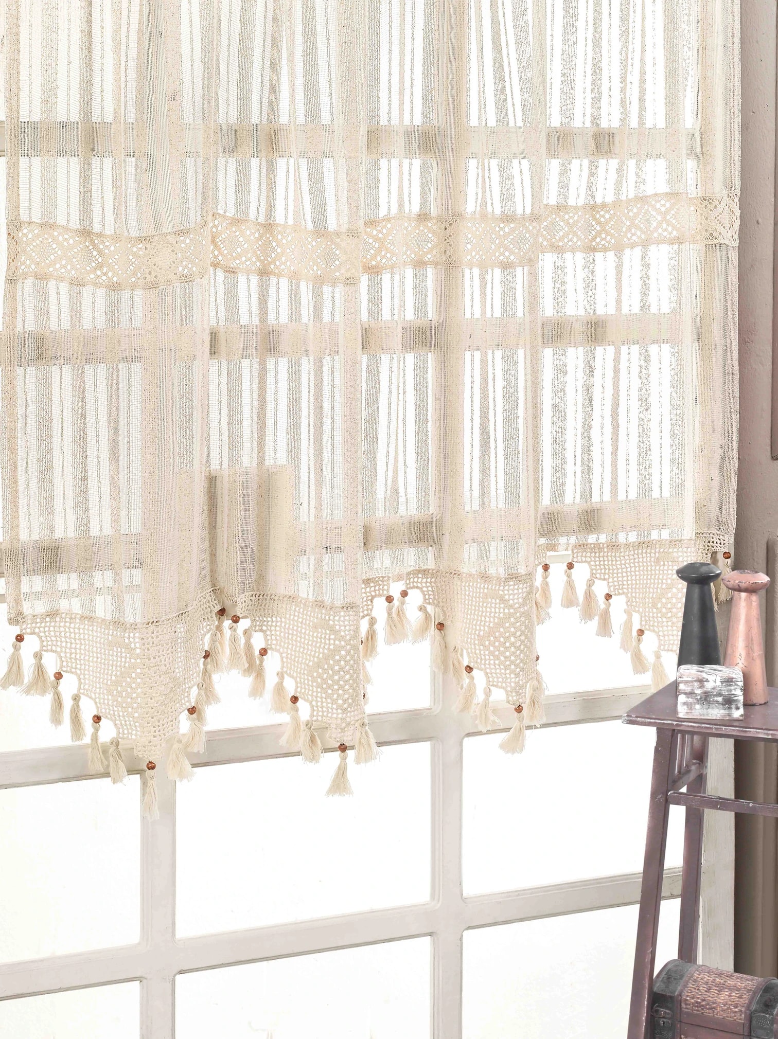 Otantik Çizgili Dantel Bordürlü Tül Perde - 200*200
