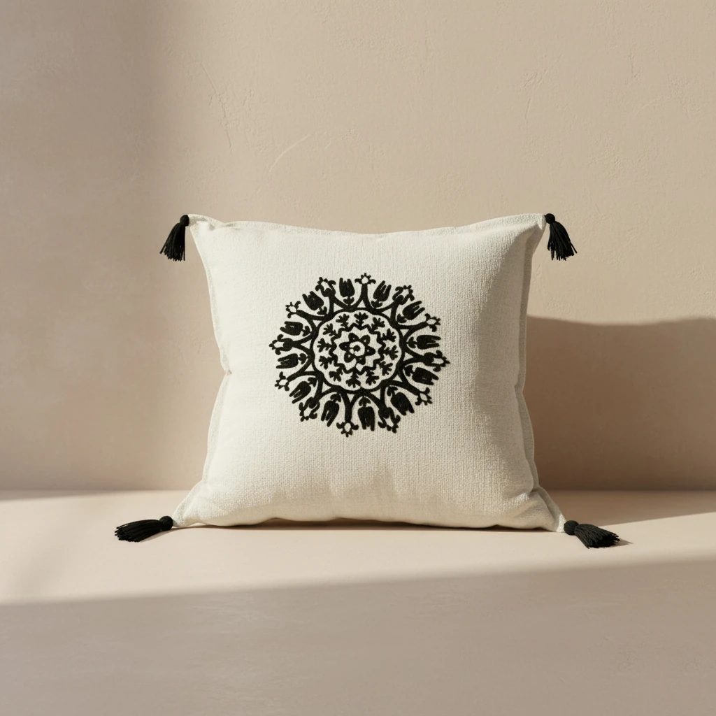 Buldan Bezi Hediyelik Dekoratif Süzene Nakışlı Ponponlu Dekoratif Çini Kırlent Kılıfı (İç Dolgusuz)