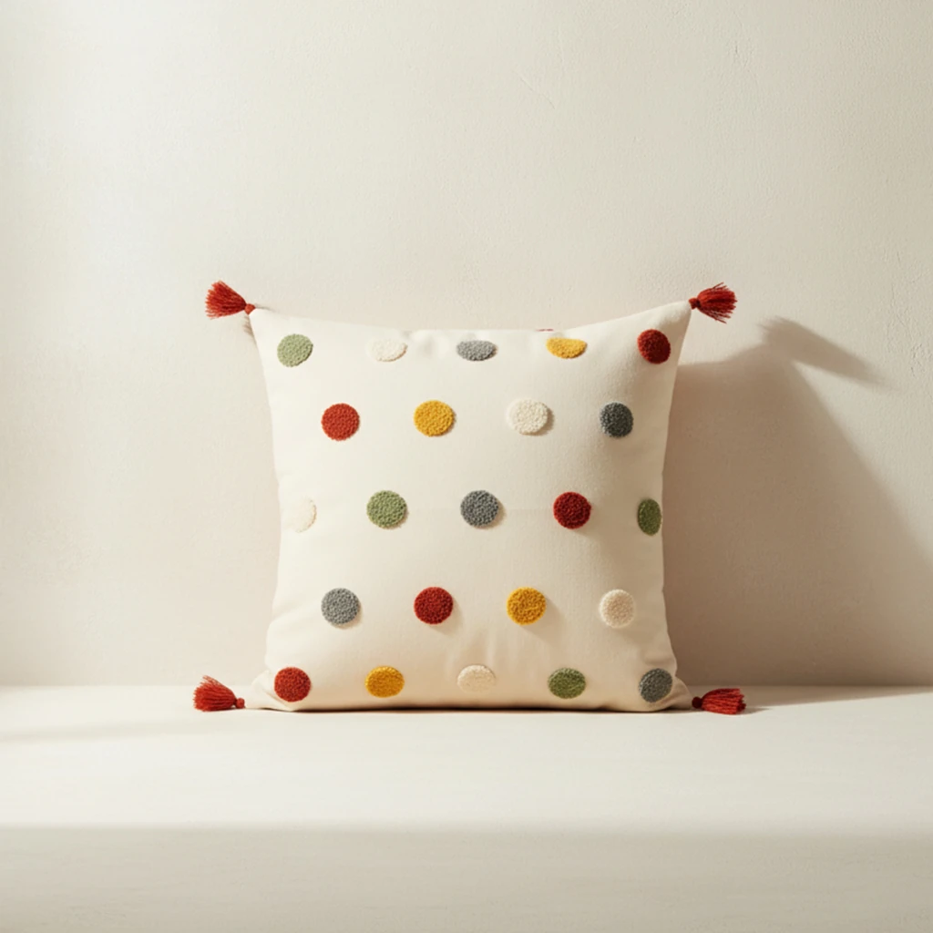 Renkli Puantiye Nakışlı Dekoratif Kırlent Kılıfı (İç Dolgusuz)