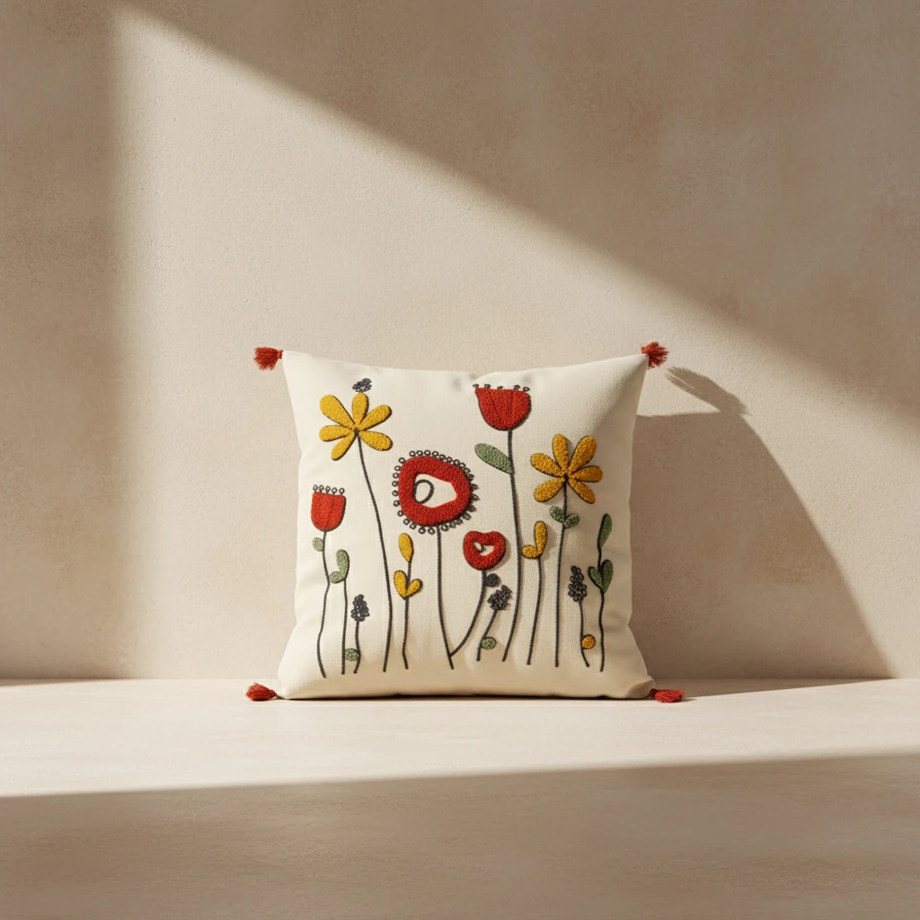 Renkli Çiçek Bahçesi Nakışlı Dekoratif Kırlent Kılıfı (İç Dolgusuz)