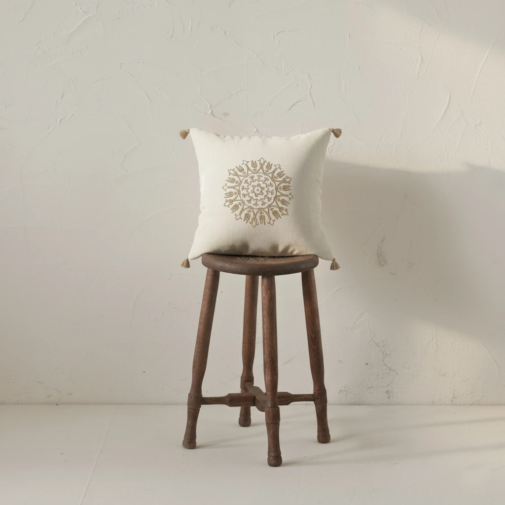 Buldan Bezi Hediyelik Dekoratif Süzene Nakışlı Ponponlu Dekoratif Çini Kırlent Kılıfı (İç Dolgusuz) - vizon