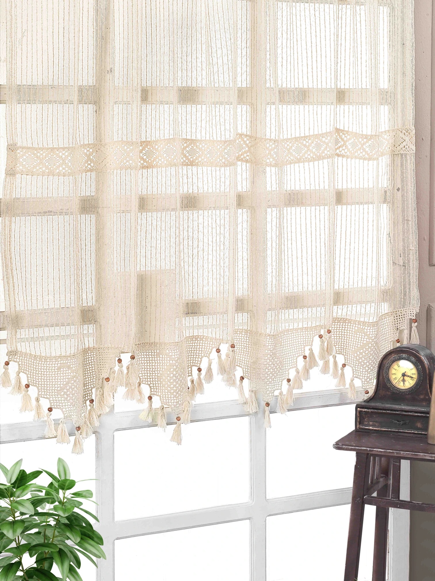 Otantik Çizgili Dantel Şeritli Püsküllü Tül Perde - 300*200