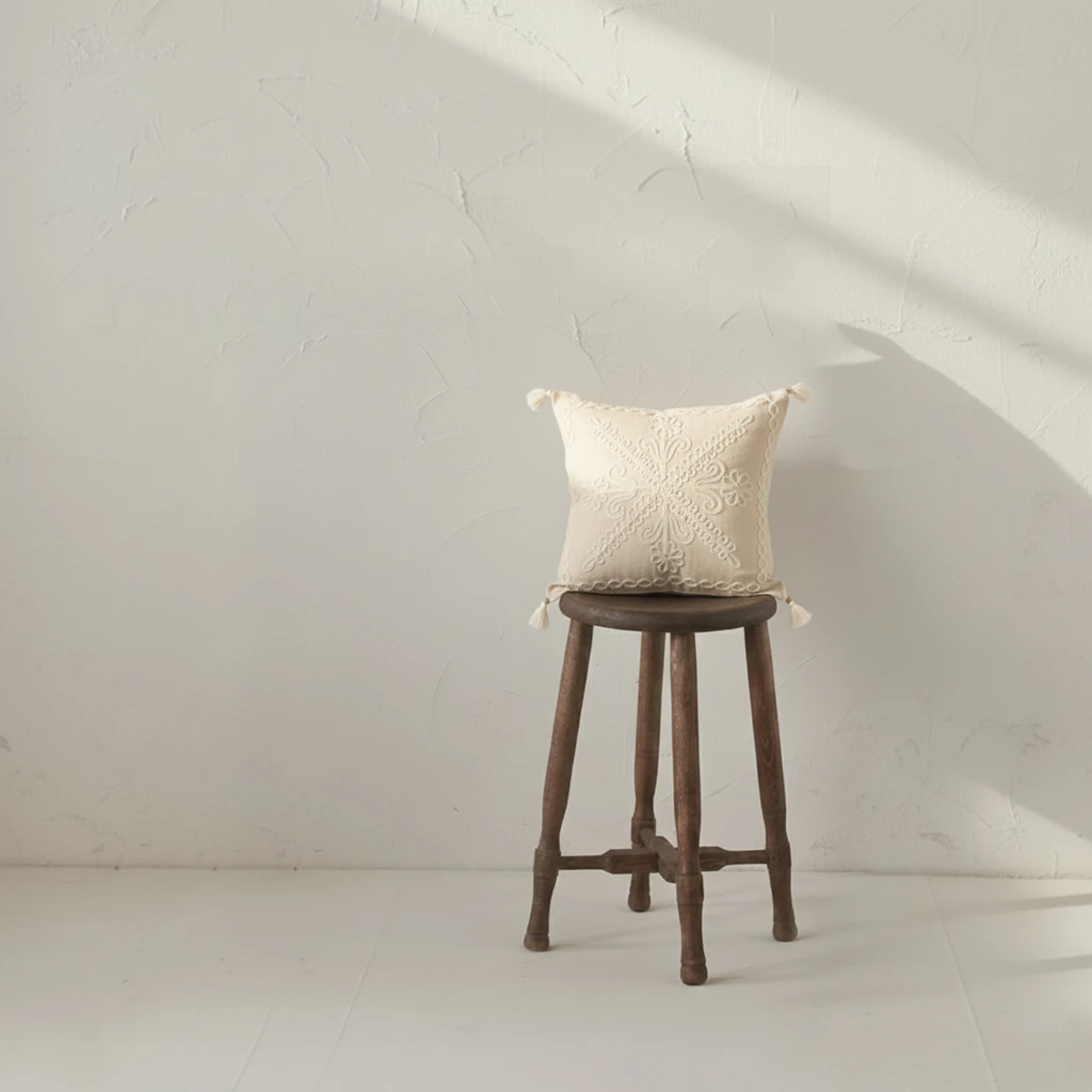 Buldan Bezi Otantik Bohem Hediyelik Dekoratif Lase Işlemeli Ponponlu Dekoratif Çapraz Laseli Kırlent Kılıfı (İç Dolgusuz)