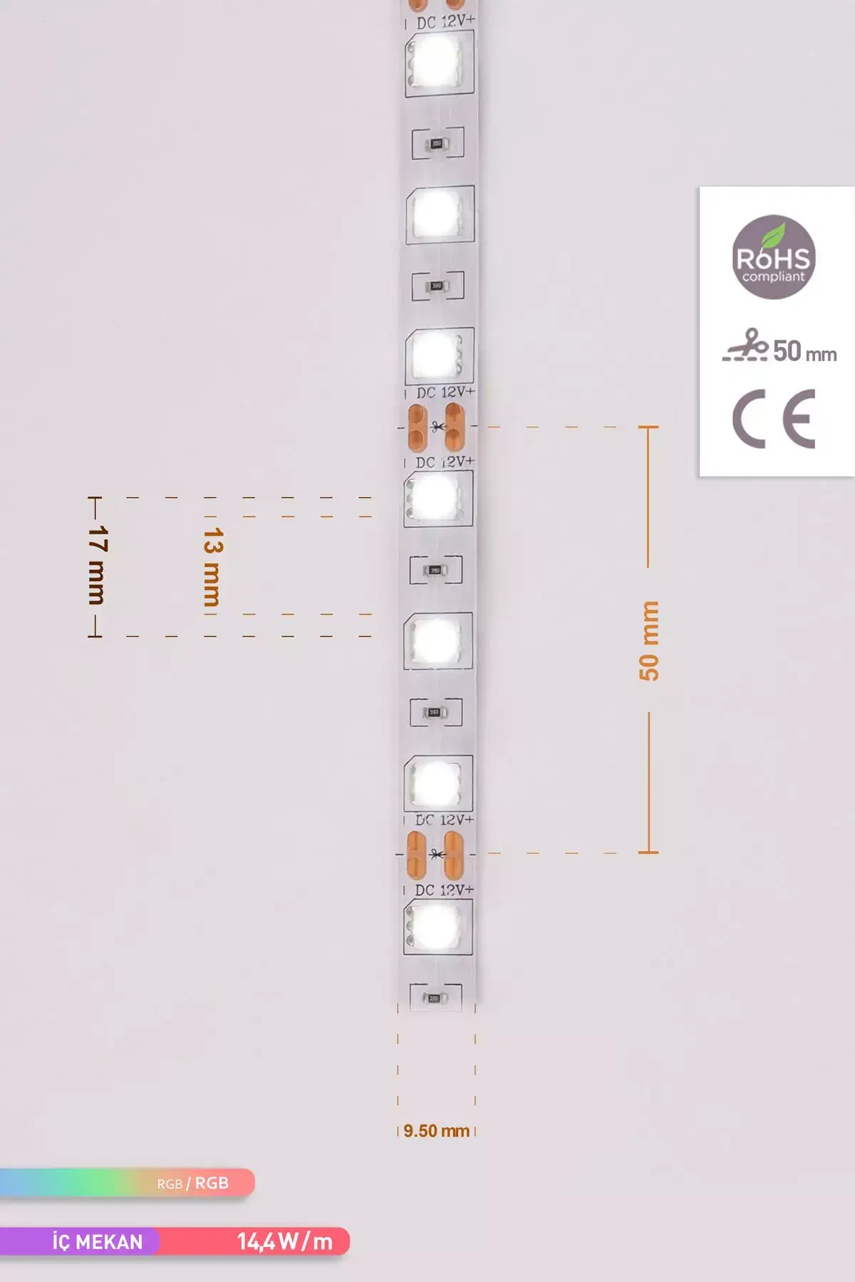 ACK Üç Çip 60 LED li Şerit LED RGB 12V 14.4W 5m AS01-00309