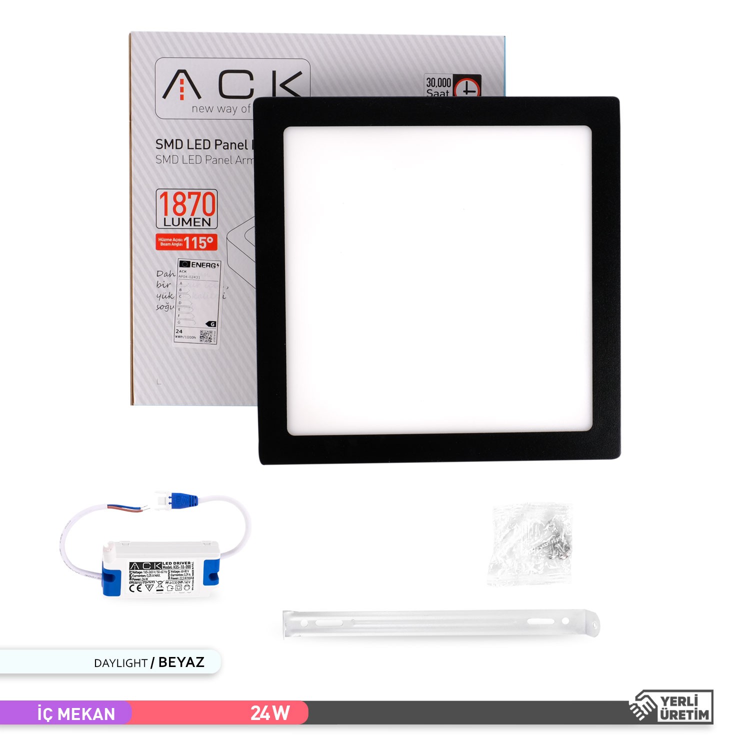 ACK 24W Sıva Üstü Kare LED Panel Armatür Siyah Gövde 6500K Beyaz Işık AP04-02431