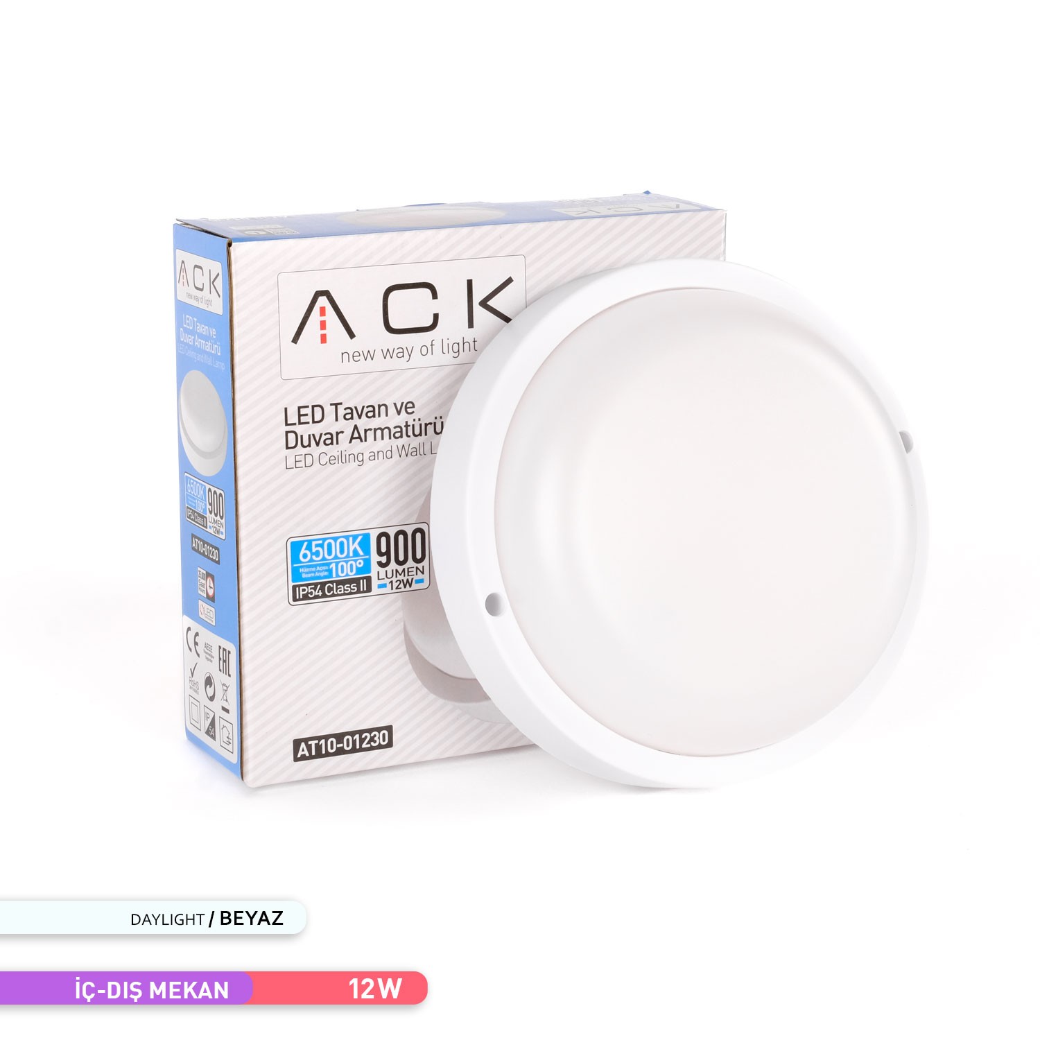 ACK 12W LED Tavan/Duvar Armatürü 6500K Beyaz Işık Beyaz Kasa Duvar Apliği