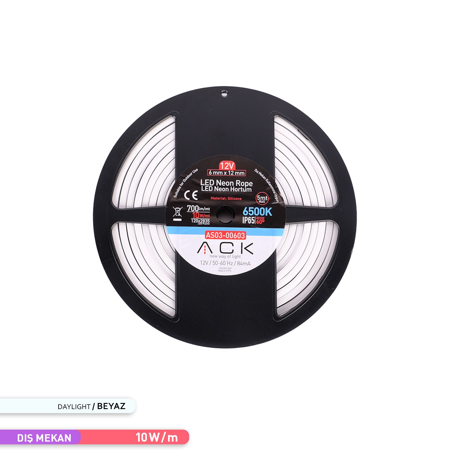 ACK LED Neon Hortum 6500K Beyaz Işık 5 Metre 12V 10W/mt AS03-00603