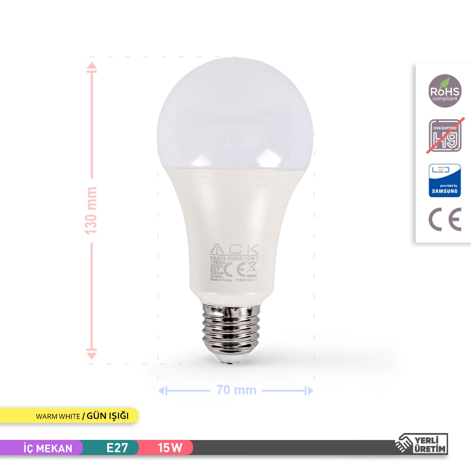 ACK LED A70 AMPUL 3000K GÜN IŞIĞI 220V 15W E27 10'LU EKO PAKET