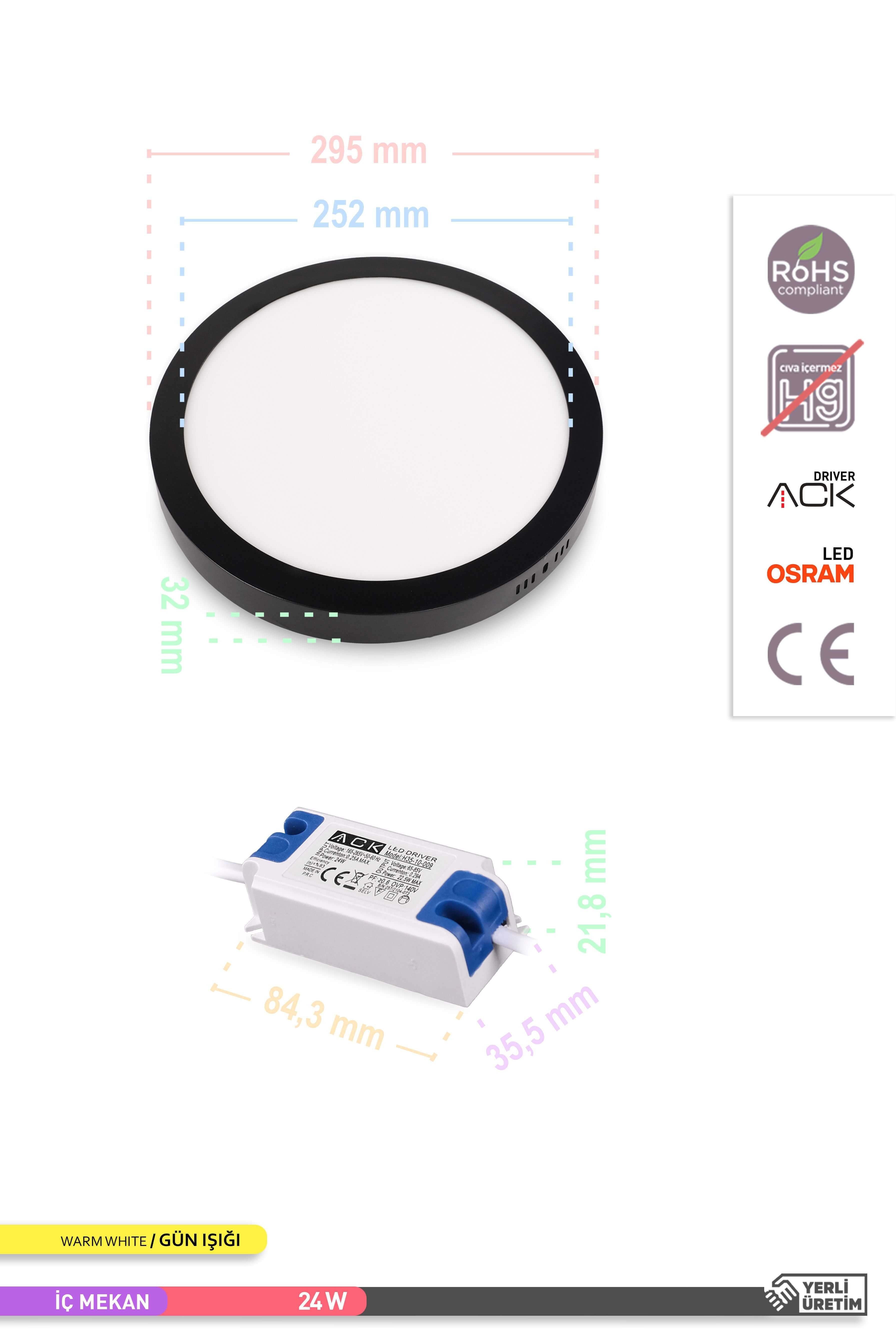 ACK Sıva Üstü Yuvarlak LED Panel Armatür Siyah Gövde 3000K Gün Işığı 24W AP03-02401