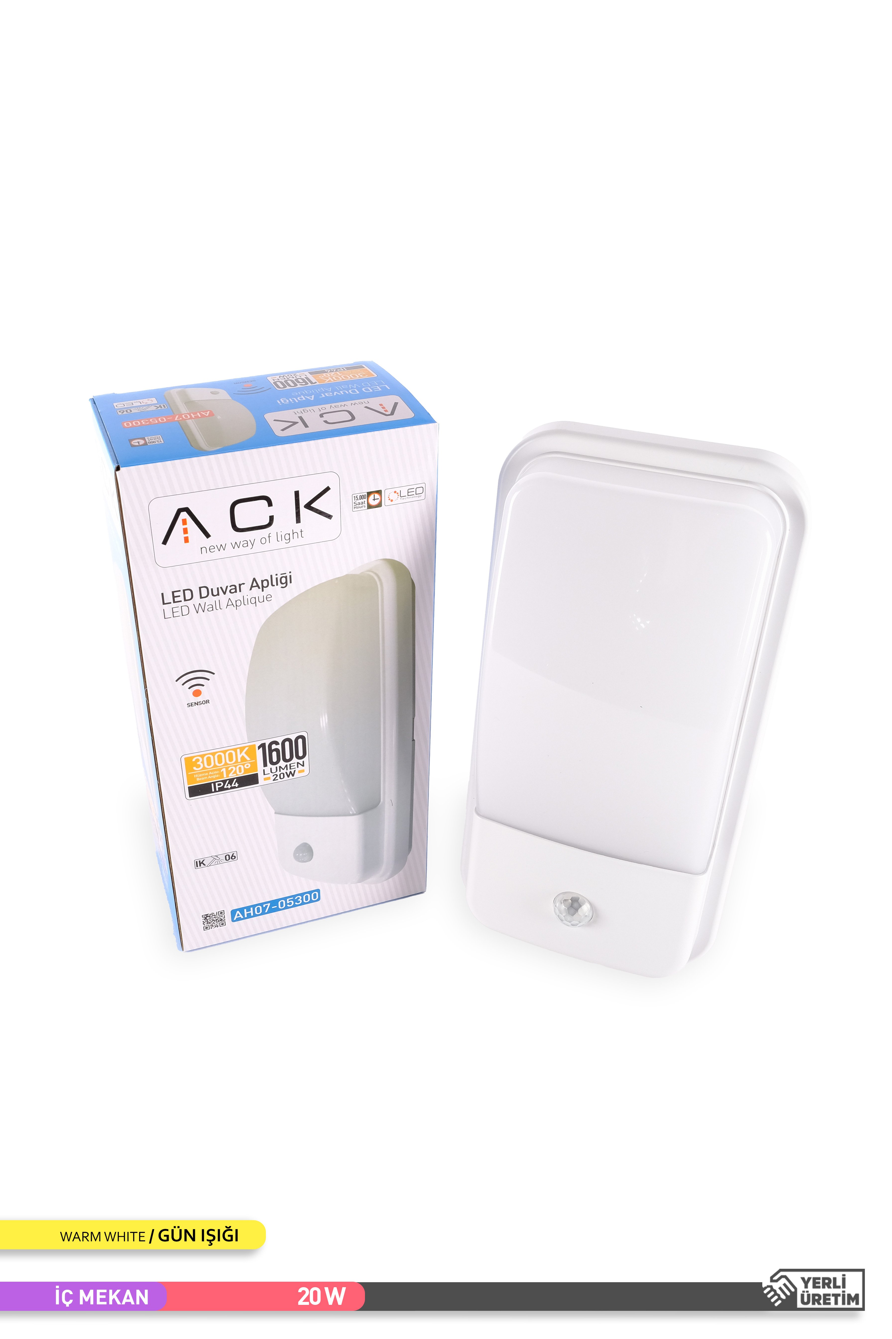 ACK 20W Sensörlü İç ve Dış Mekan LED Duvar Apliği 3000K Günışığı AH07-05300