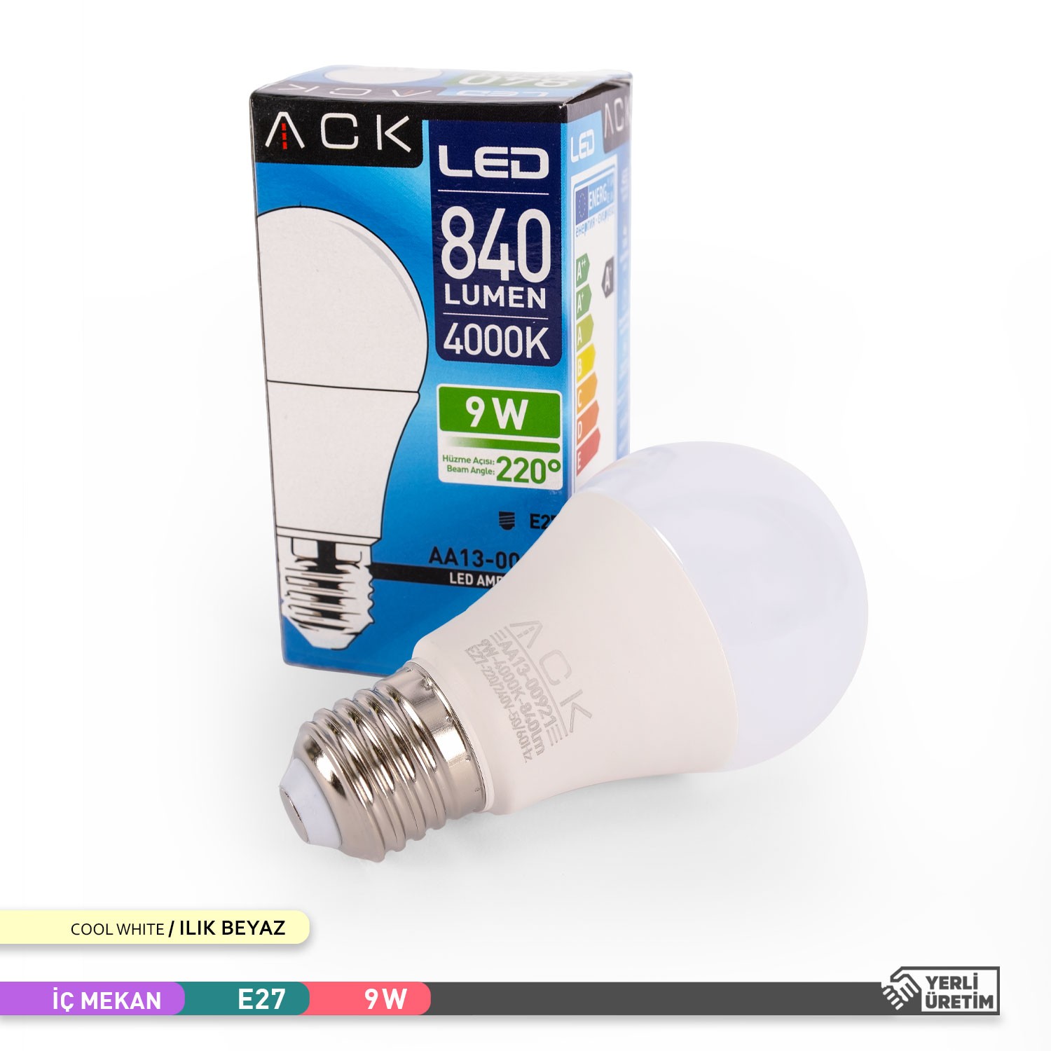 ACK LED A60 AMPUL 4000K ILIK BEYAZ 220V 9W E27 3'LÜ EKO PAKET