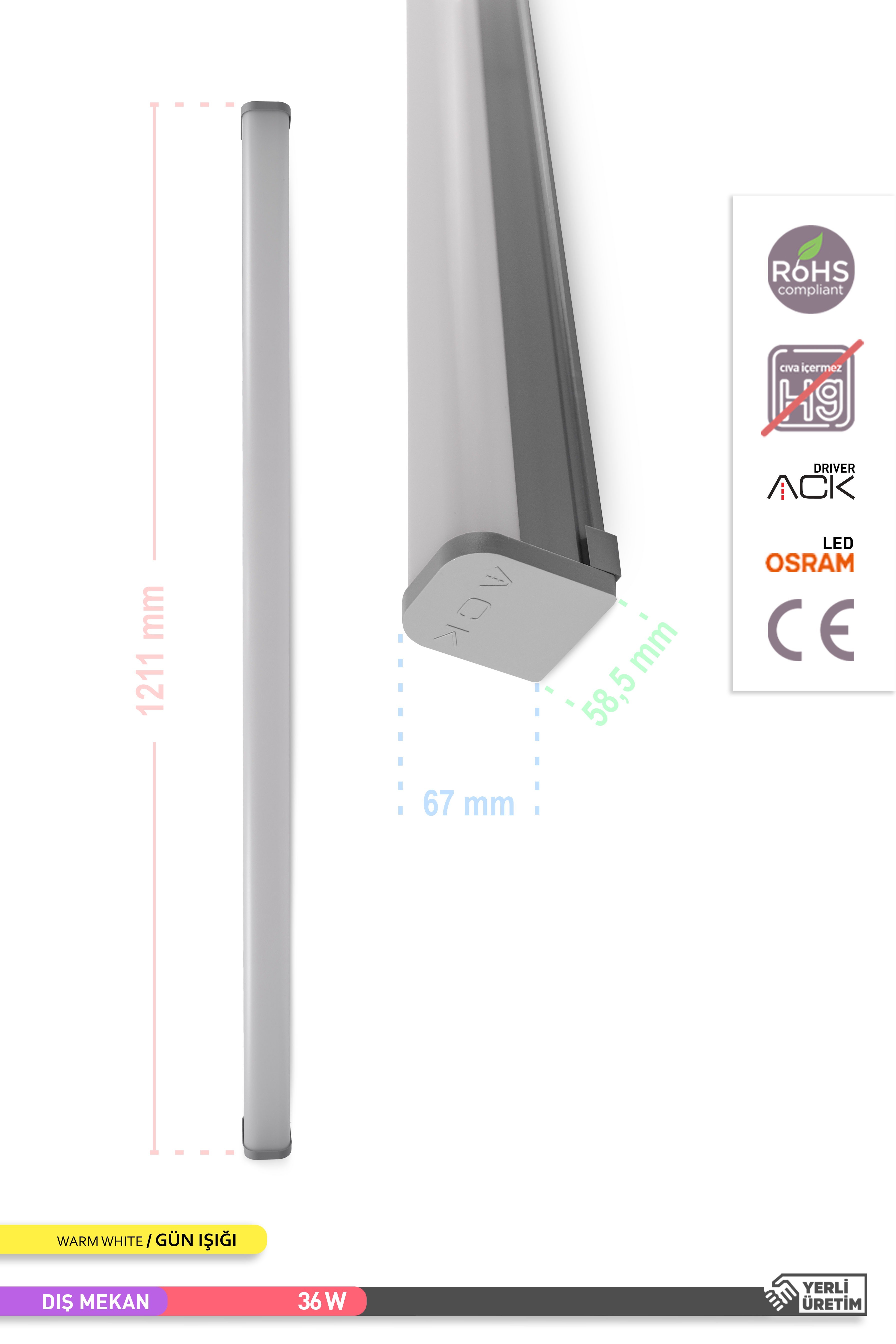 ACK 36W LED Bant Etanj Armatür 3000K Gün Işığı 120cm AT03-01200