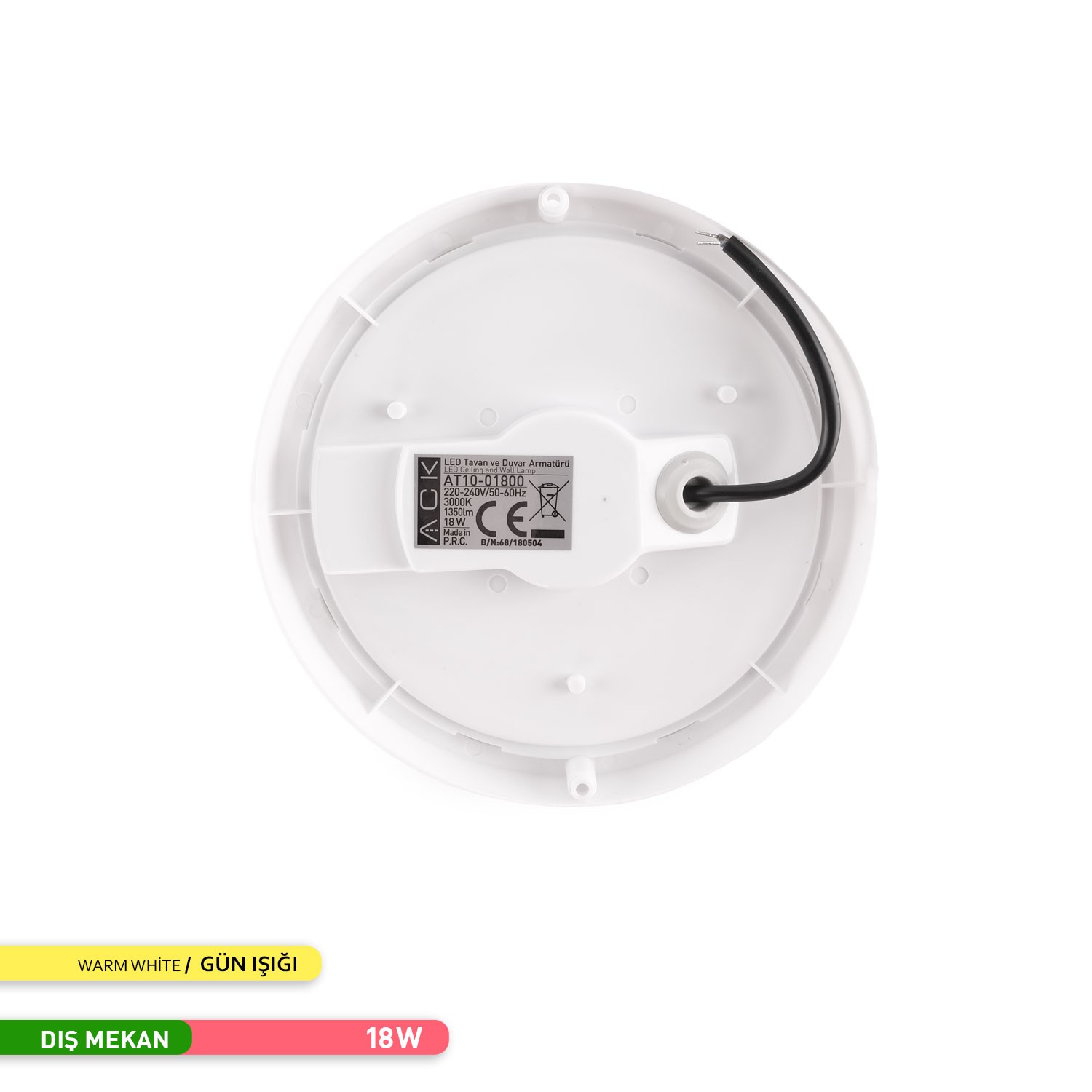 ACK 18W LED Tavan ve Duvar Armatürü 3000K Günışığı Beyaz Kasa AT10-01800