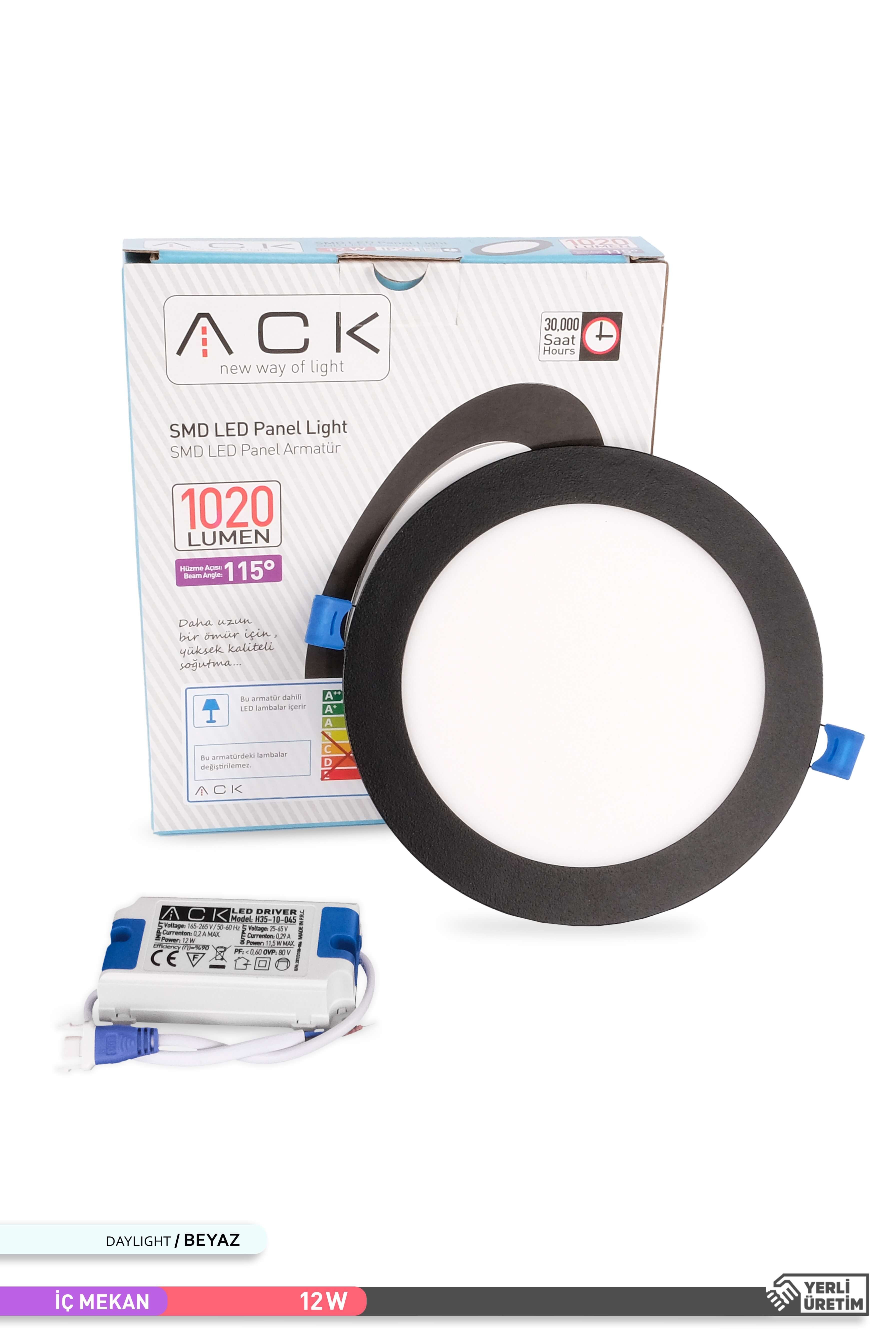 ACK 12W Sıva Altı Yuvarlak LED Panel Armatür Siyah Gövde 6500K Beyaz AP01-01231