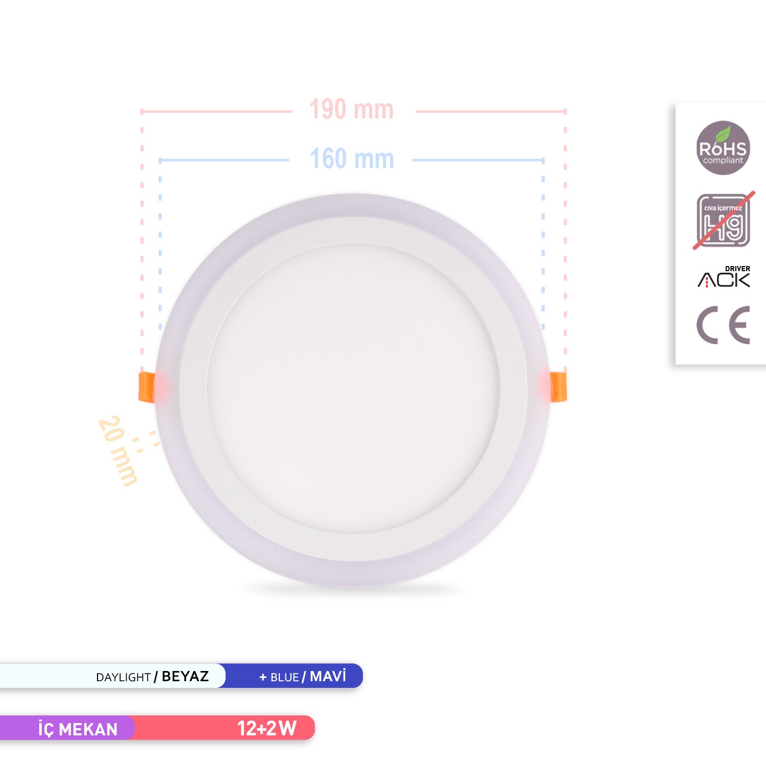 12+2W 6500K Beyaz ışık ve Mavi Renk Sıva Altı Yuvarlak Led Spot Panel Beyaz Kasa AP30-31230