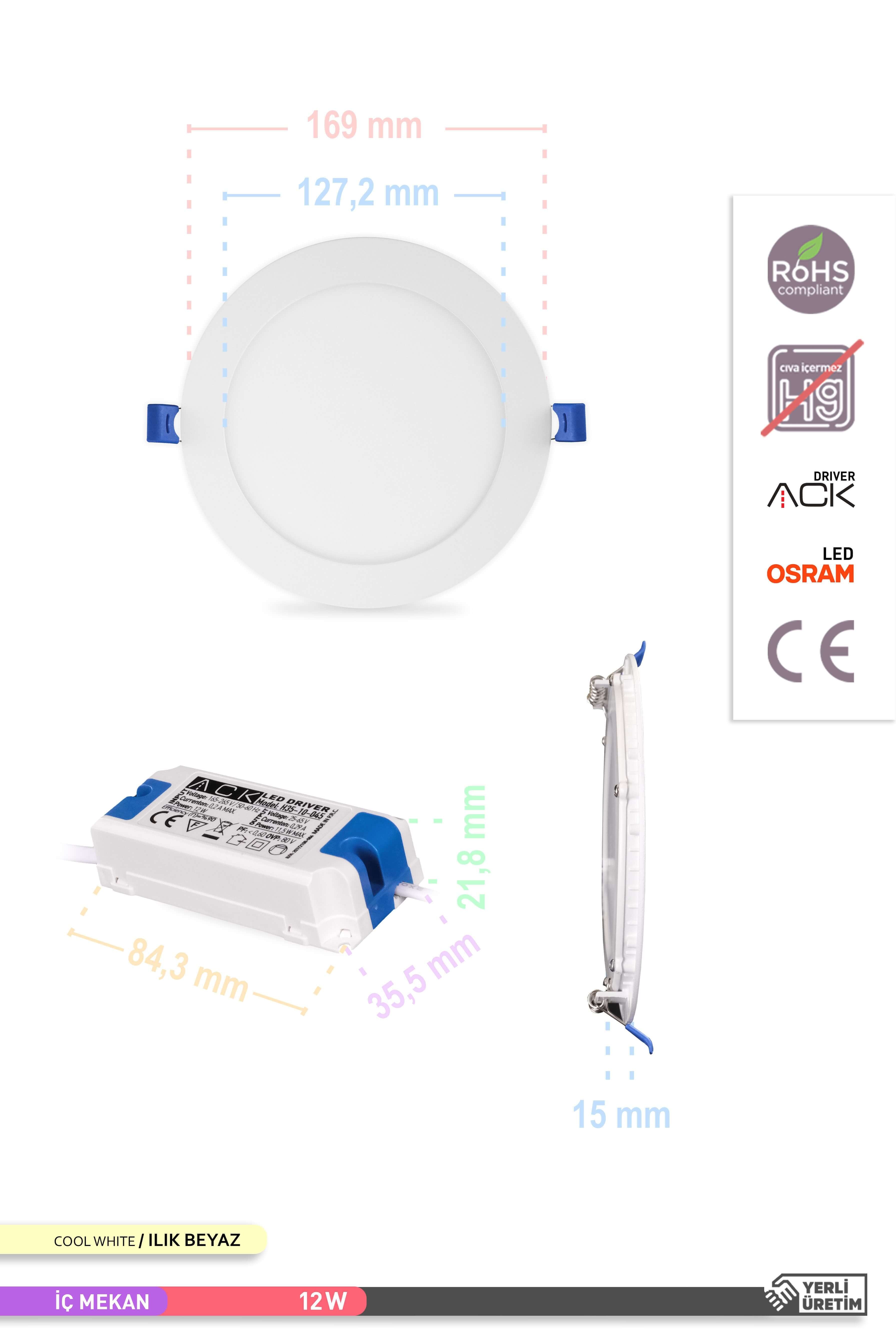 ACK Sıva Altı Yuvarlak LED Panel Armatür Beyaz Gövde 4000K Ilık Beyaz 12W AP01-01210