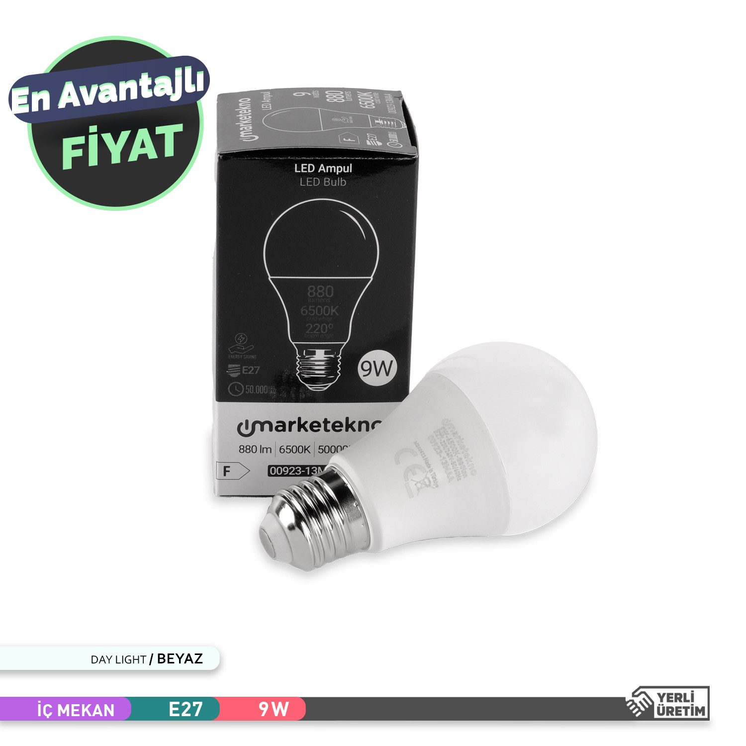 Marketekno 9W LED Ampul 6500K Beyaz Işık A60 E27