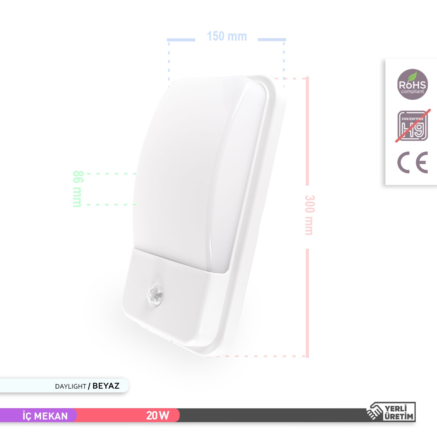 ACK 20W Sensörlü İç ve Dış Mekan LED Duvar Apliği 6500K Beyaz AH07-05330