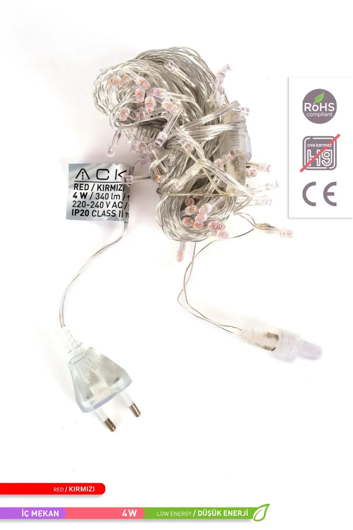 ACK 100 LED li Eklenebilir LED Süsleme, Yılbaşı Ağacı Süsleme Kırmızı Işık 220V 4W 10m AS90-00404