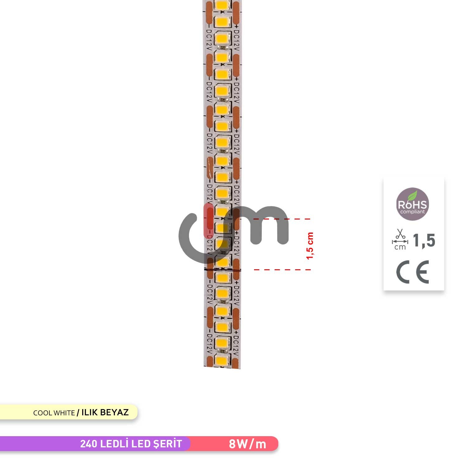 ACK 2835 4000K Ilık Beyaz 240 LED Şerit 12V 5 metre AS01-02801