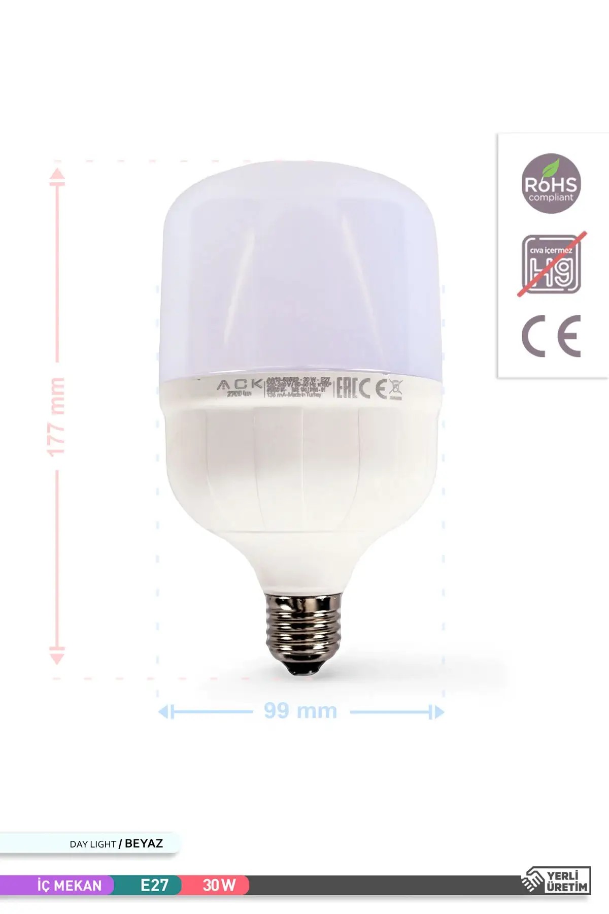 ACK LED T100 Ampul 6500K Beyaz Işık 220V 30W E27