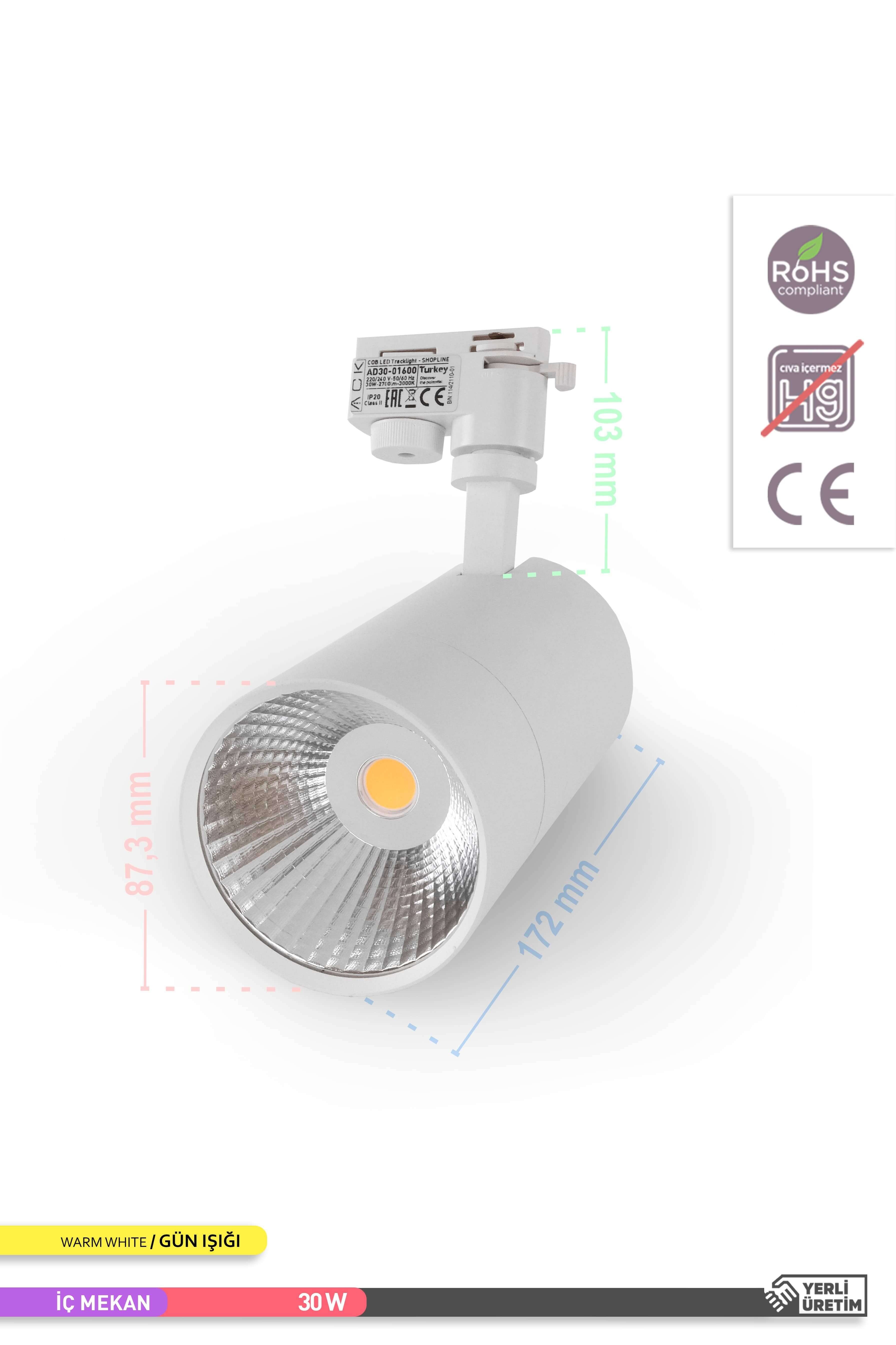 ACK COB LED Monofaze Ray Armatürü Beyaz Gövde Tek Ayaklı 3000K Gün Işığı 30W