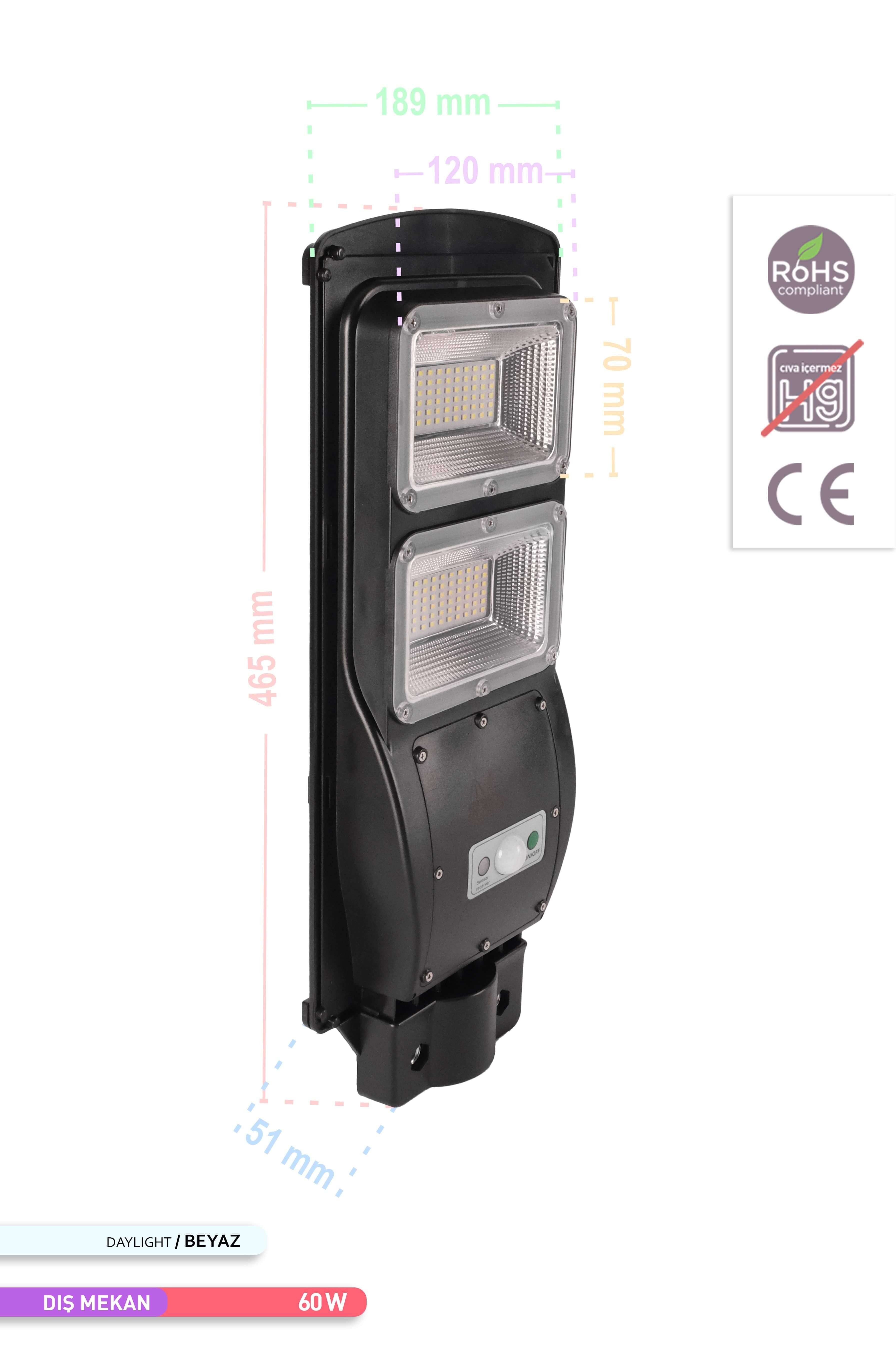 ACK 120 LED li LED Solar Sokak Armatürü Siyah Kasa 6500K Beyaz Işık 3.2V 60W