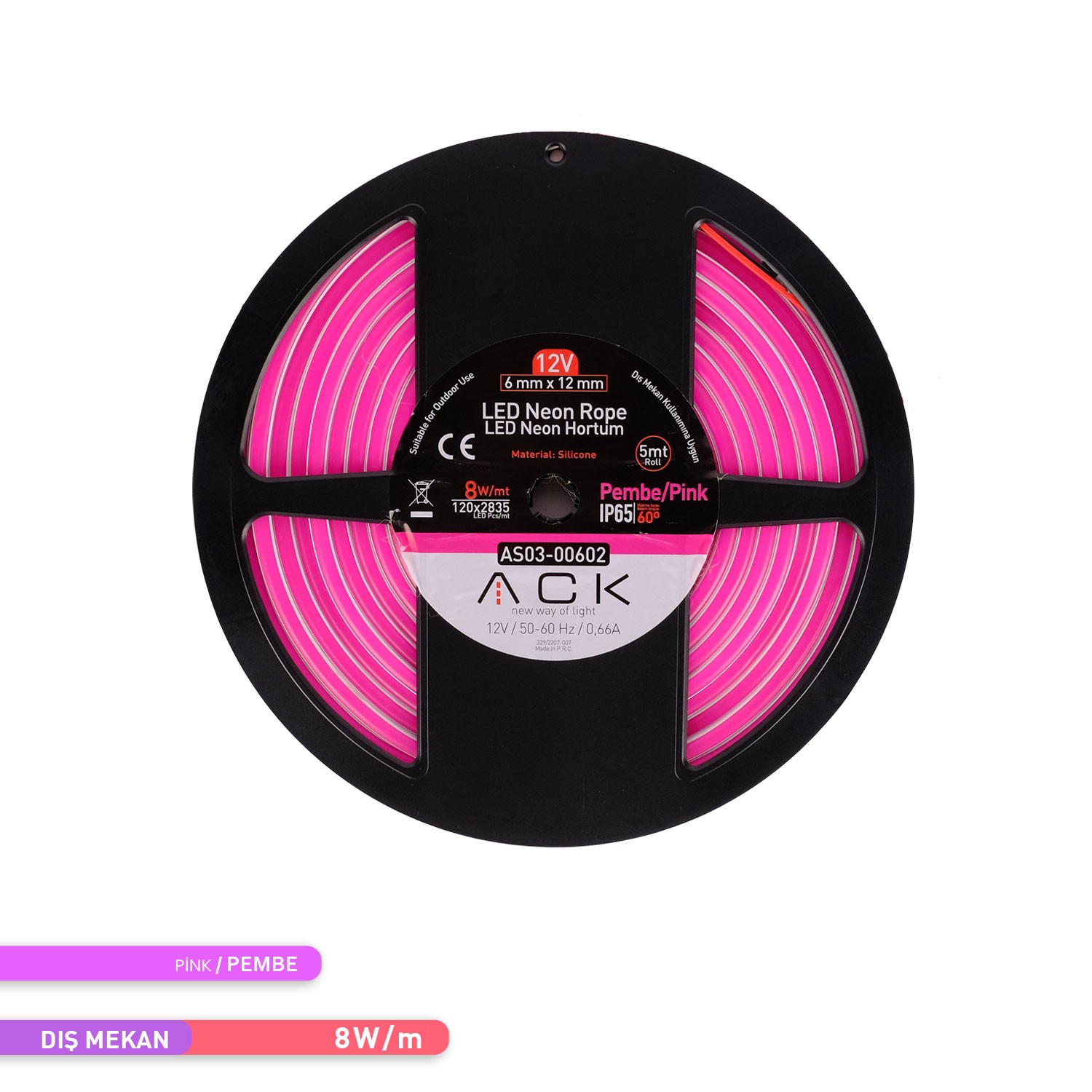 ACK LED Neon Hortum Pembe Işık 5 Metre 12V 10W/mt AS03-00602