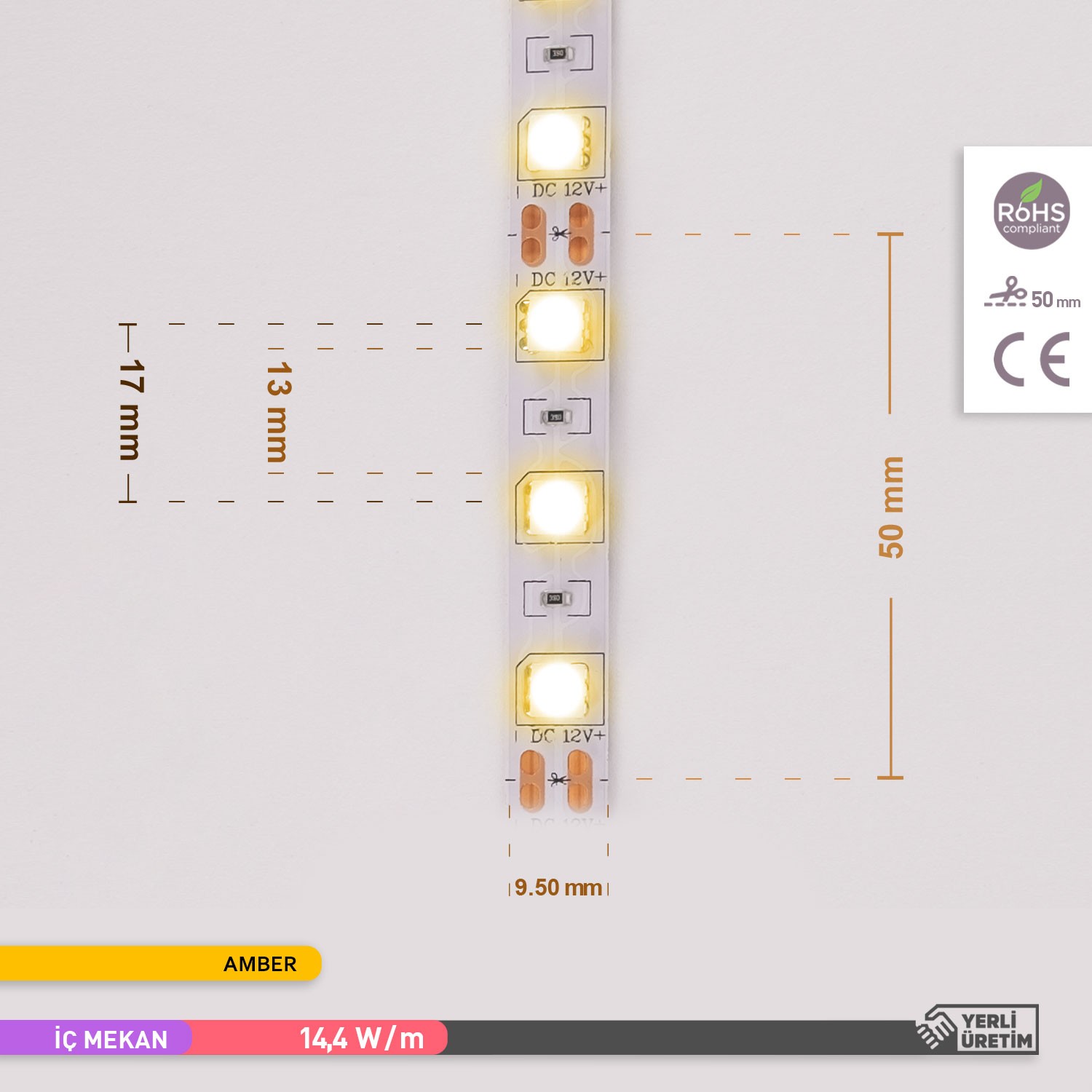 ACK Üç Çip 60 LED li Şerit LED Amber Işık 12V 14.4W 5m AS01-00308 