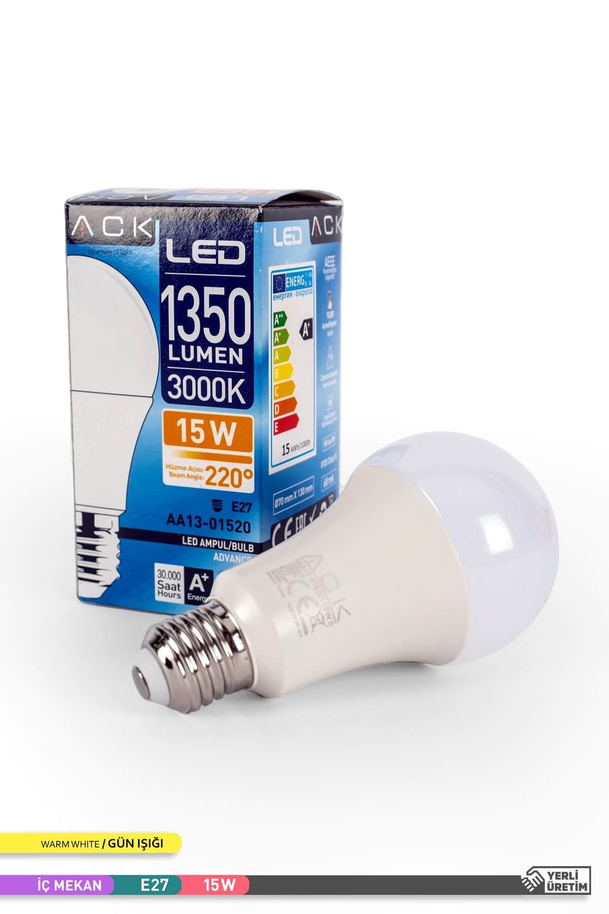 ACK LED A70 Ampul 3000K Gün Işığı 220V 15W E27