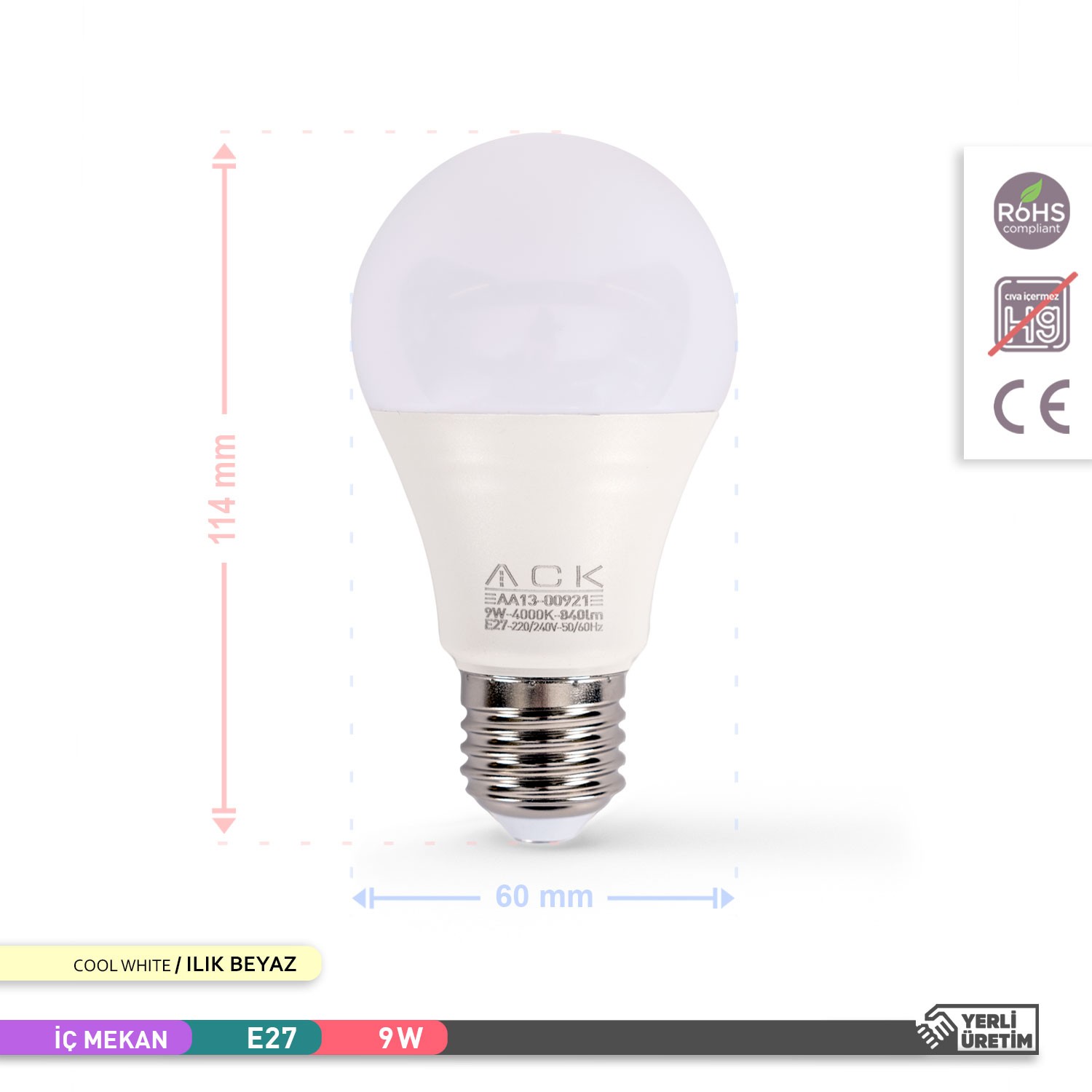 ACK LED A60 AMPUL 4000K ILIK BEYAZ 220V 9W E27 3'LÜ EKO PAKET