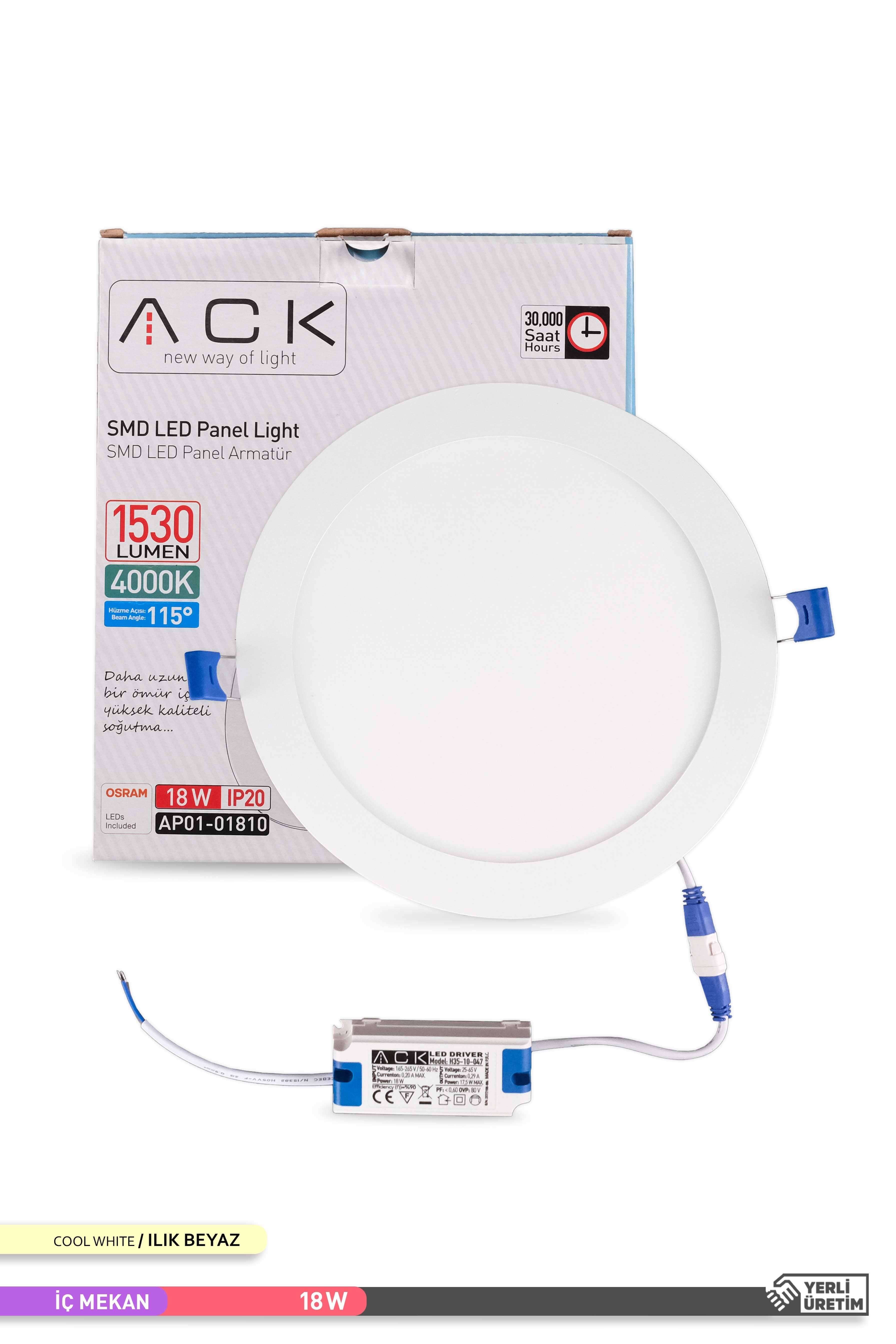 ACK Sıva Altı Yuvarlak LED Panel Armatür Beyaz Gövde 4000K Ilık Beyaz 18W AP01-01810