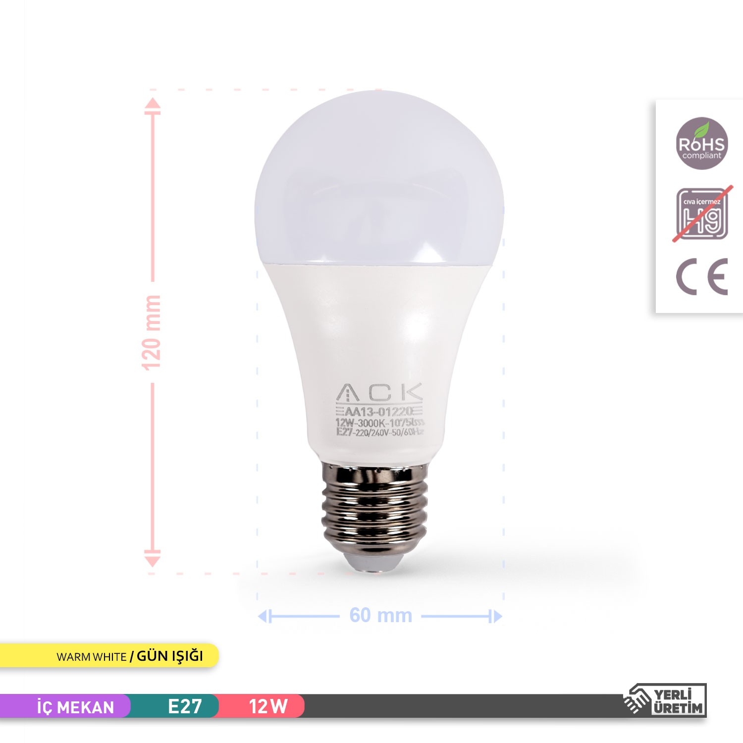 ACK LED A60 AMPUL 3000K GÜN IŞIĞI 220V 12W E27 3'LÜ EKO PAKET