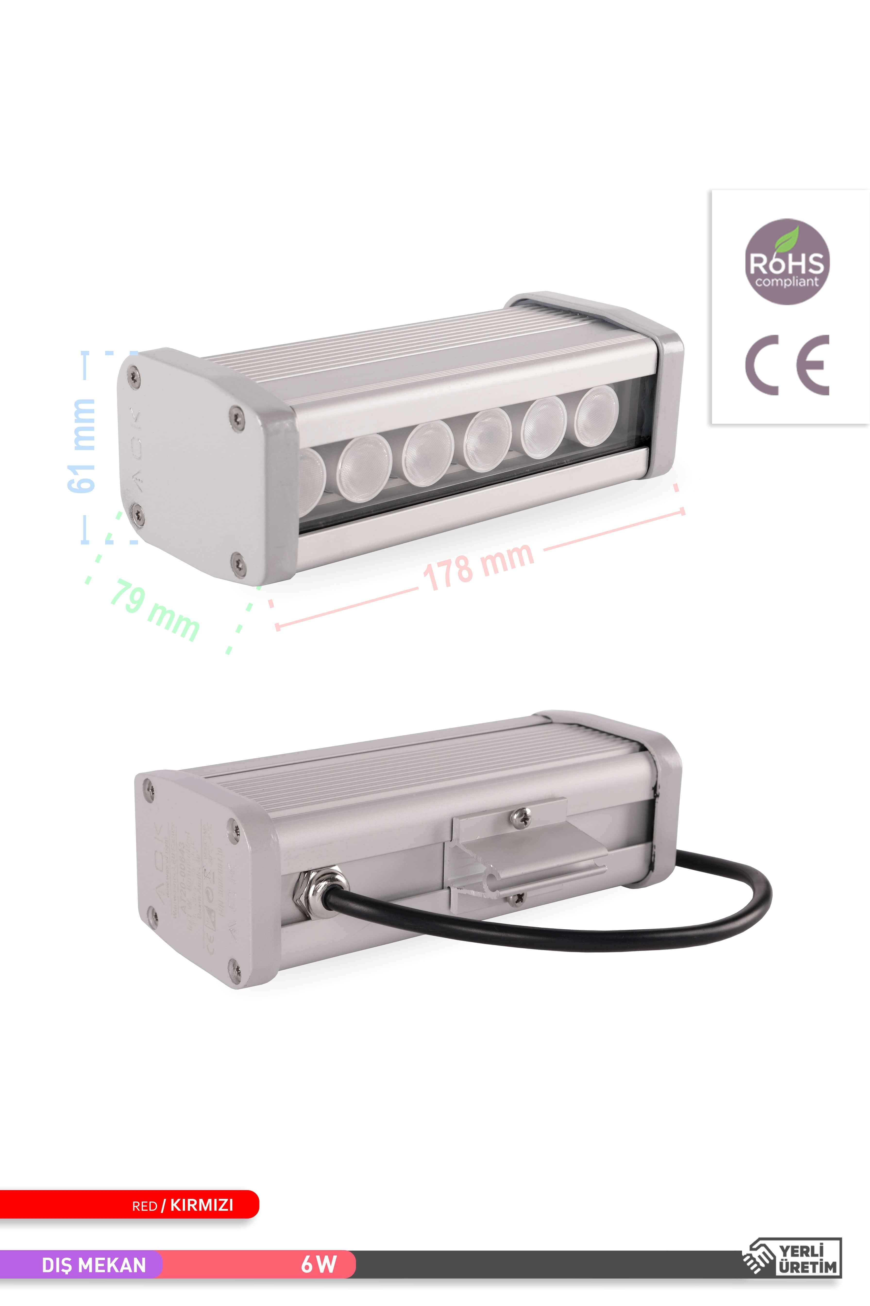 ACK LED Wallwasher Kırmızı Işık 6W 180mm AT20-00643 