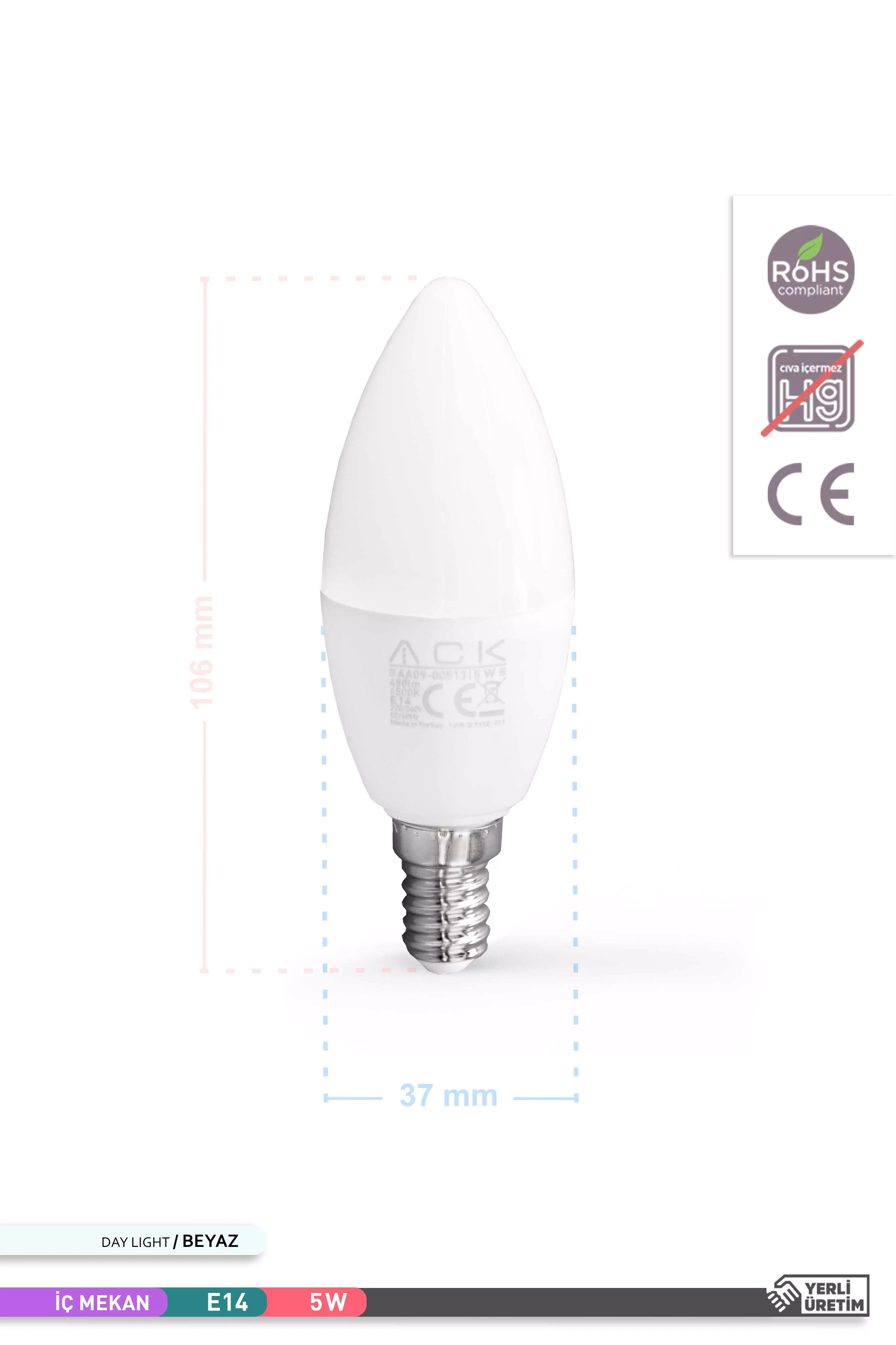 ACK LED Mum Ampul 6500K Beyaz Işık 220V 5W E14 AA09-00513