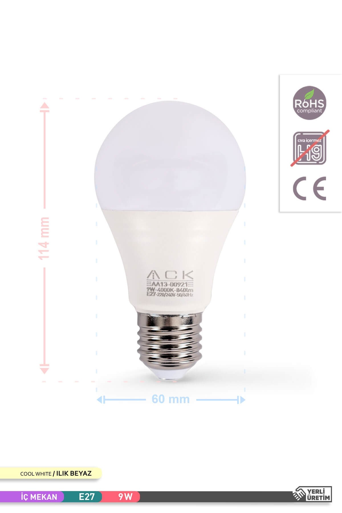 ACK LED A60 Ampul 4000K Ilık Beyaz 220V 9W E27