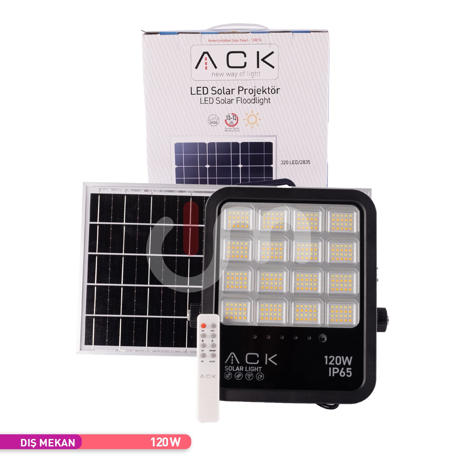 ACK 120W Solar LED Projektör Kumandalı 3 Renk Ayarlanabilir IP65 Güneş Enerjili - AT66-19192