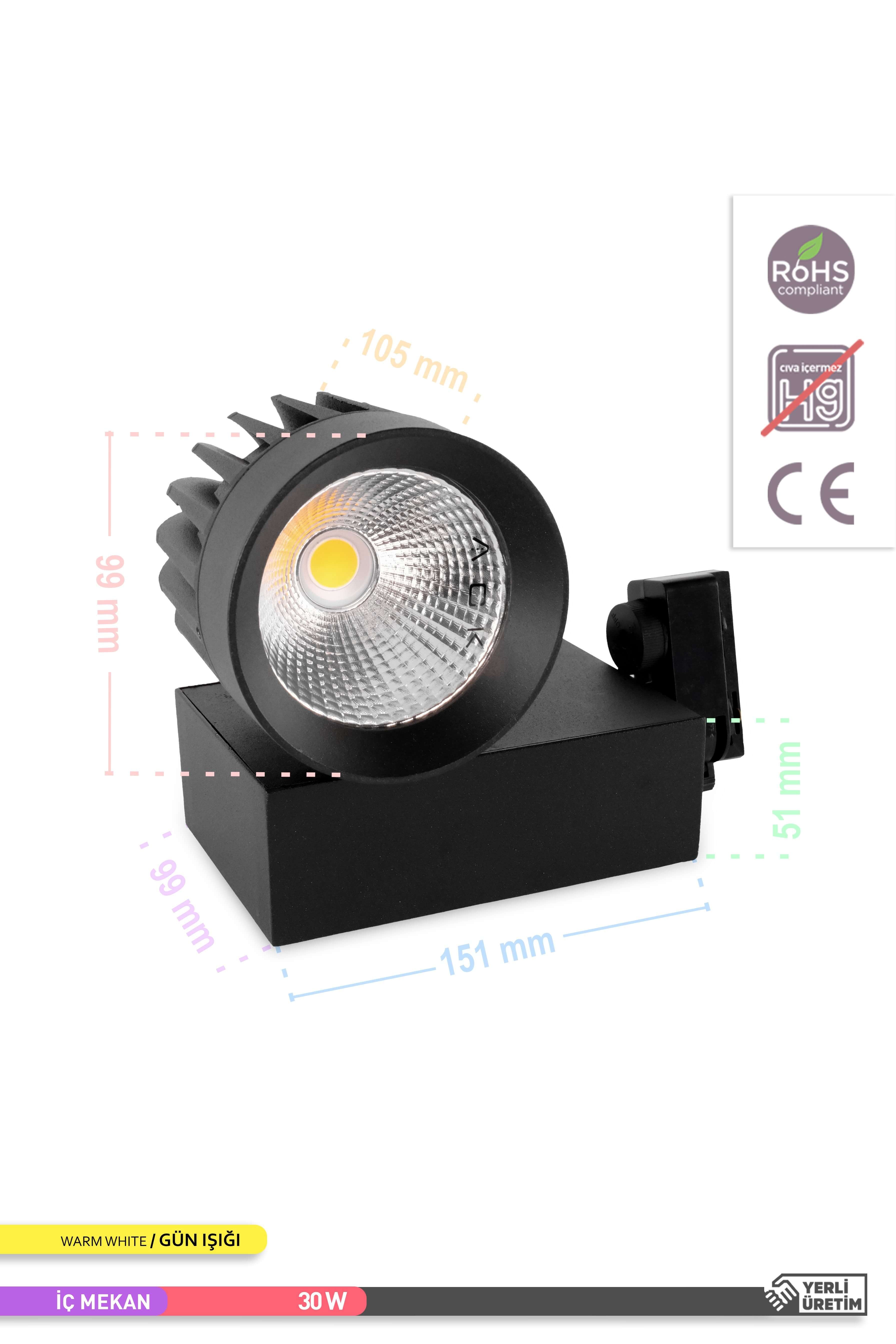 ACK COB LED Monofaze Ray Armatürü Siyah Kasa 3000K Gün Işığı 30W