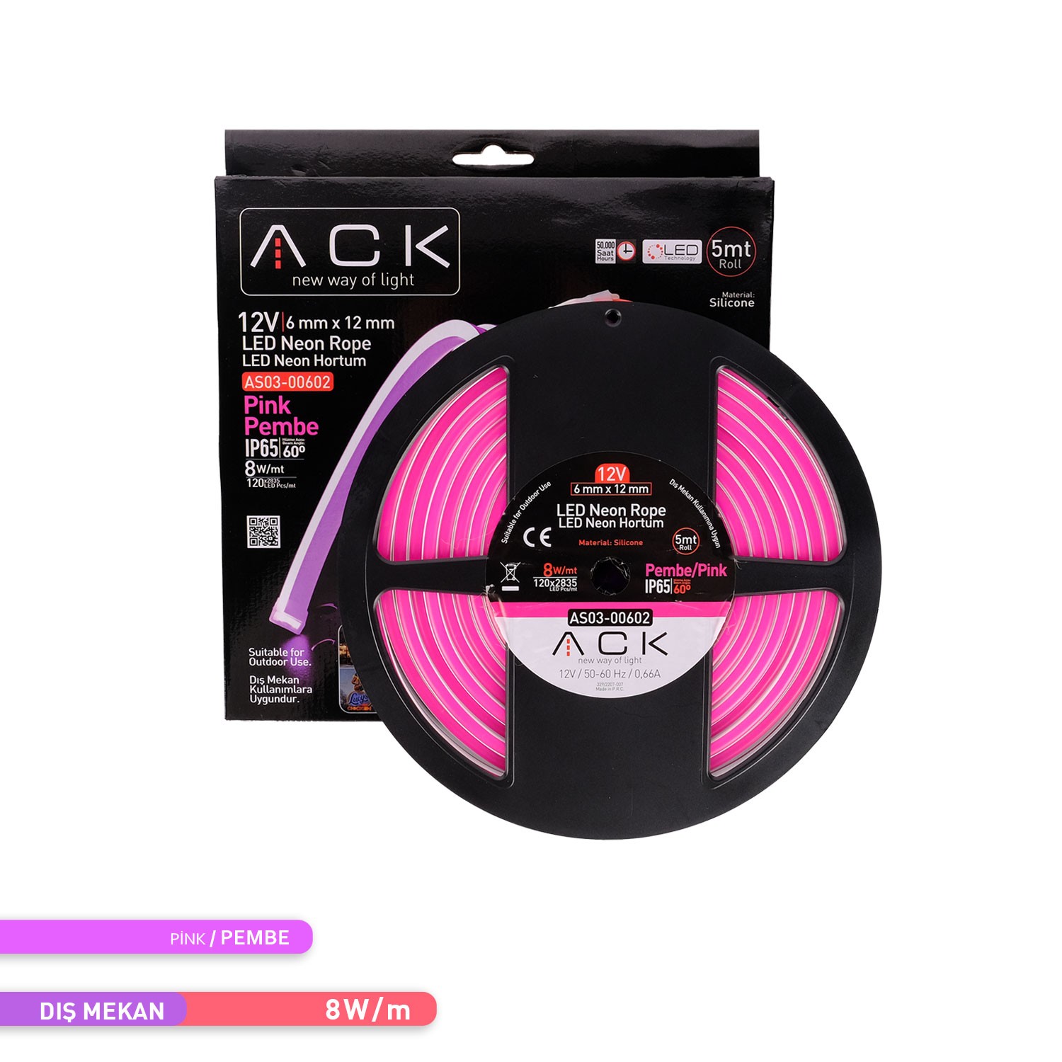 ACK LED Neon Hortum Pembe Işık 5 Metre 12V 10W/mt AS03-00602