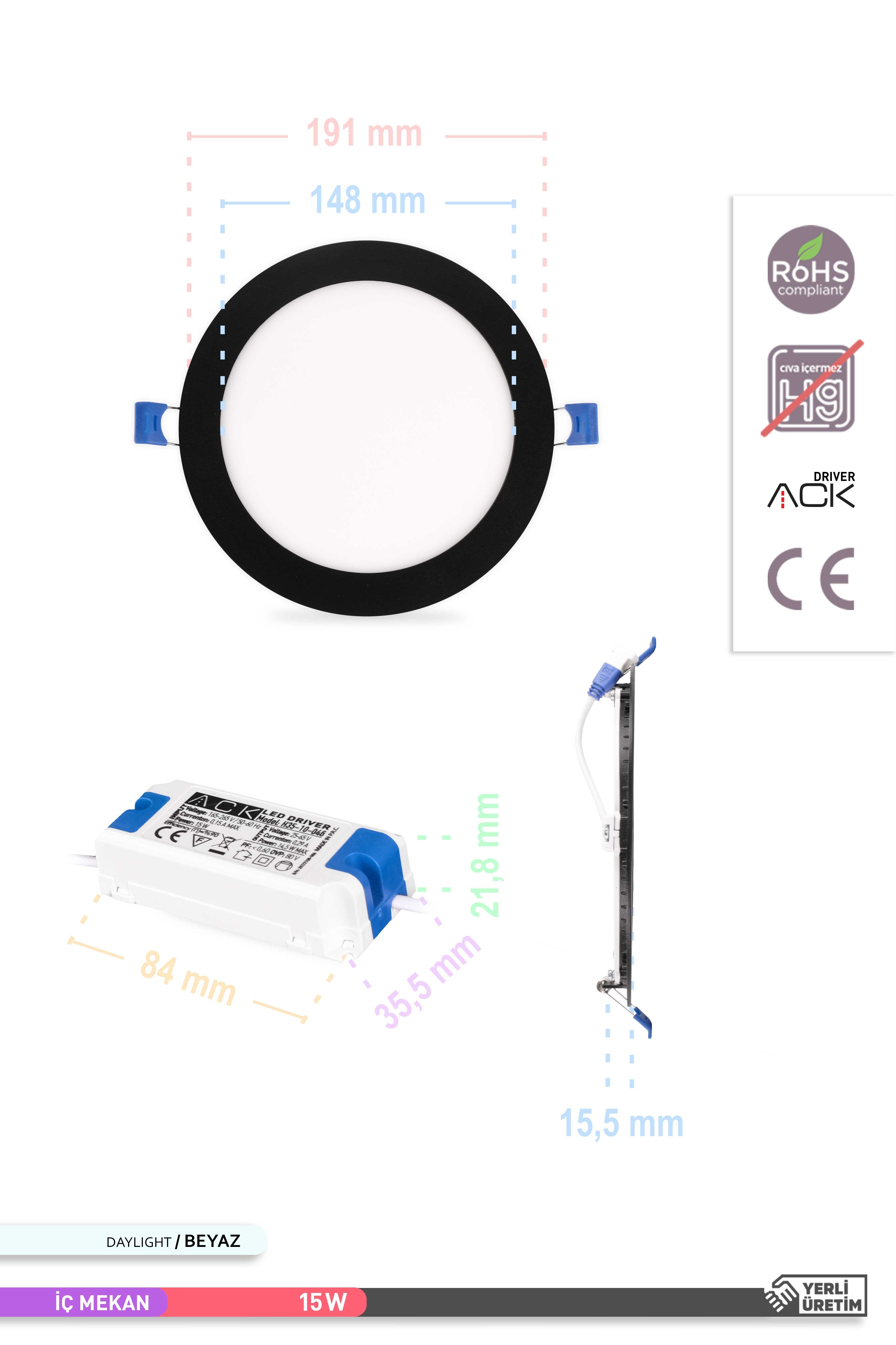 ACK 15W Sıva Altı Yuvarlak LED Panel Armatür Siyah Gövde 6500K Beyaz AP01-01531