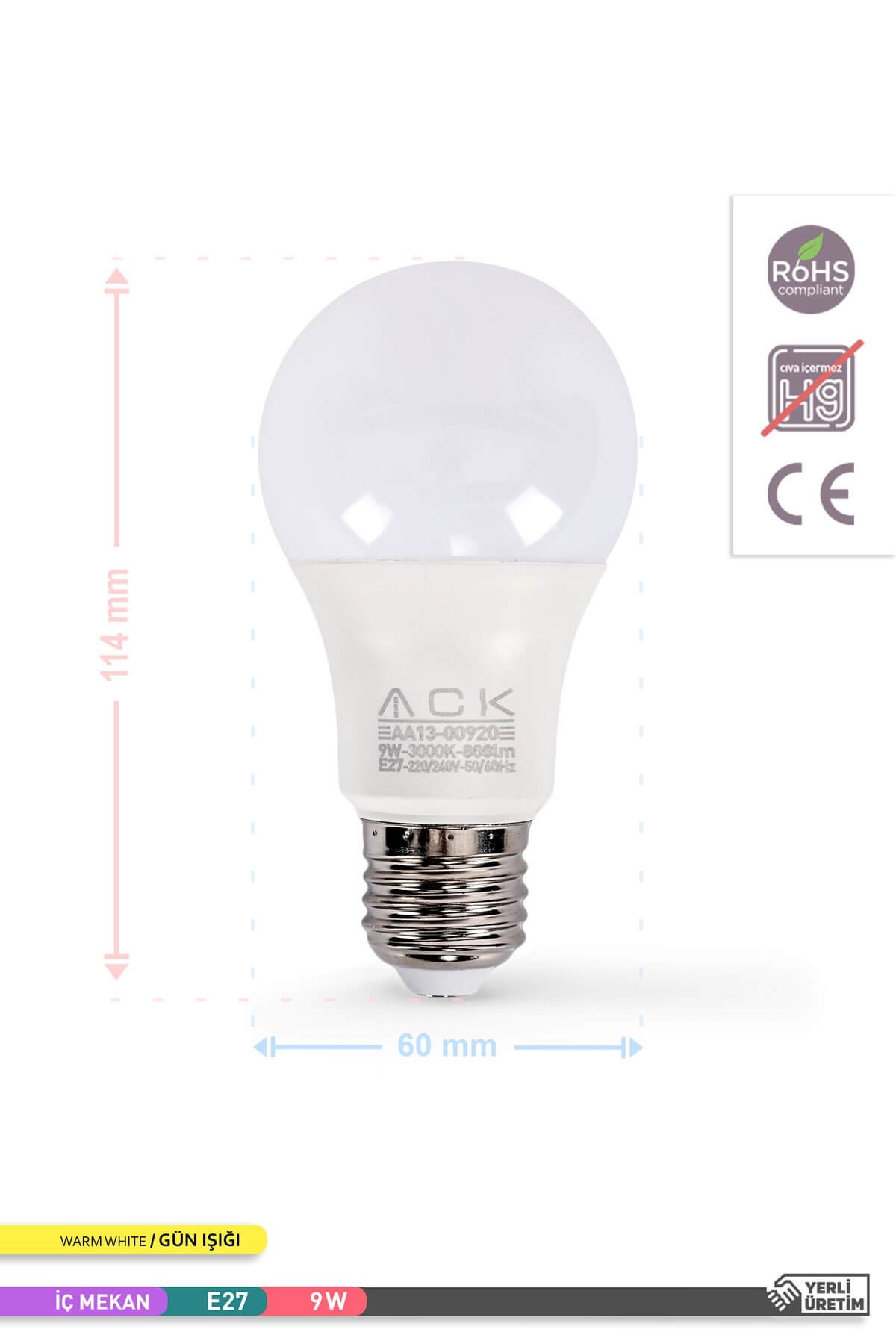 ACK LED A60 Ampul 3000K Gün Işığı 220V 9W E27