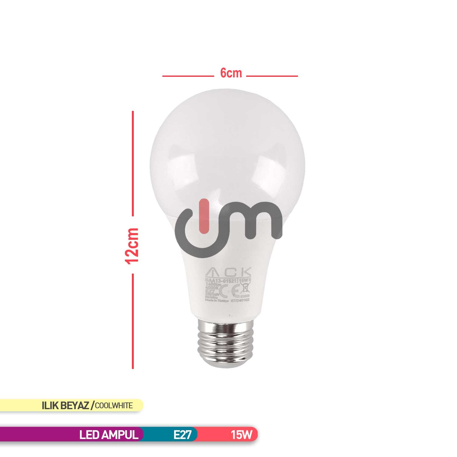 ACK LED A70 Ampul 4000K Ilık Beyaz 220V 15W E27 AA13-01521