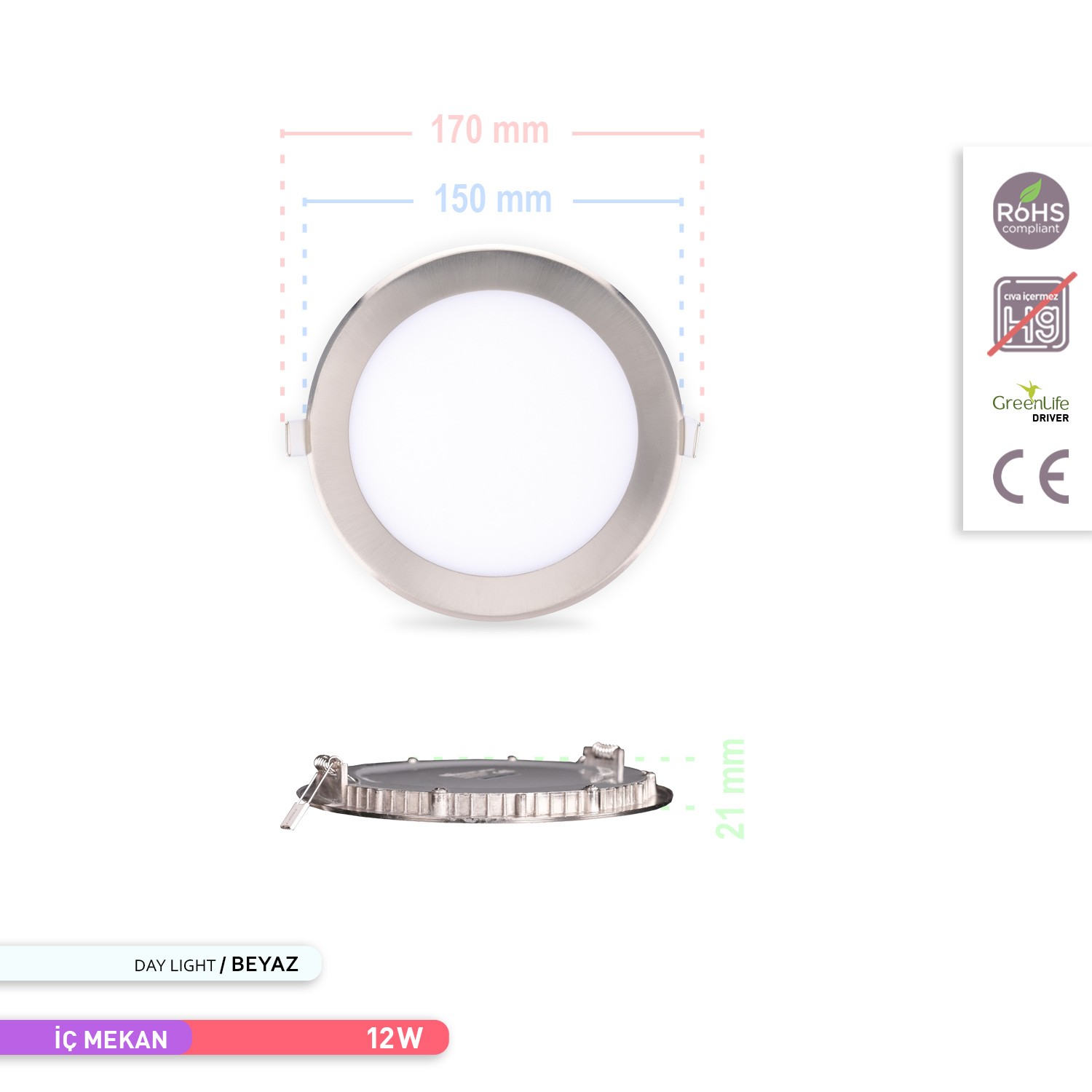 12W 6500K Beyaz SMD Sıva Altı Yuvarlak Led Spot Panel Saten Renk Kasa AP01-01234