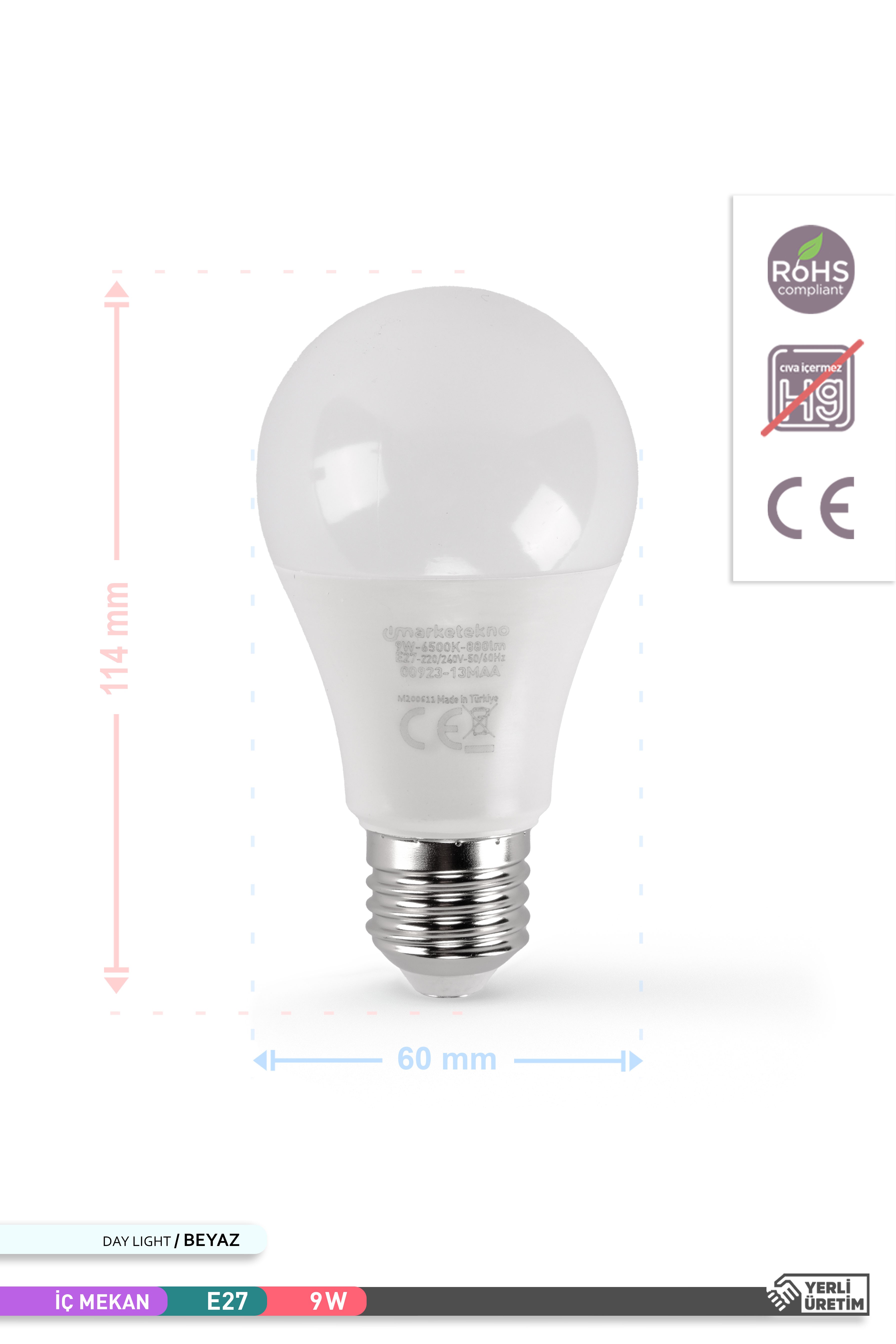 Marketekno 9W LED Ampul 6500K Beyaz Işık A60 E27 10'lu Paket Ampul