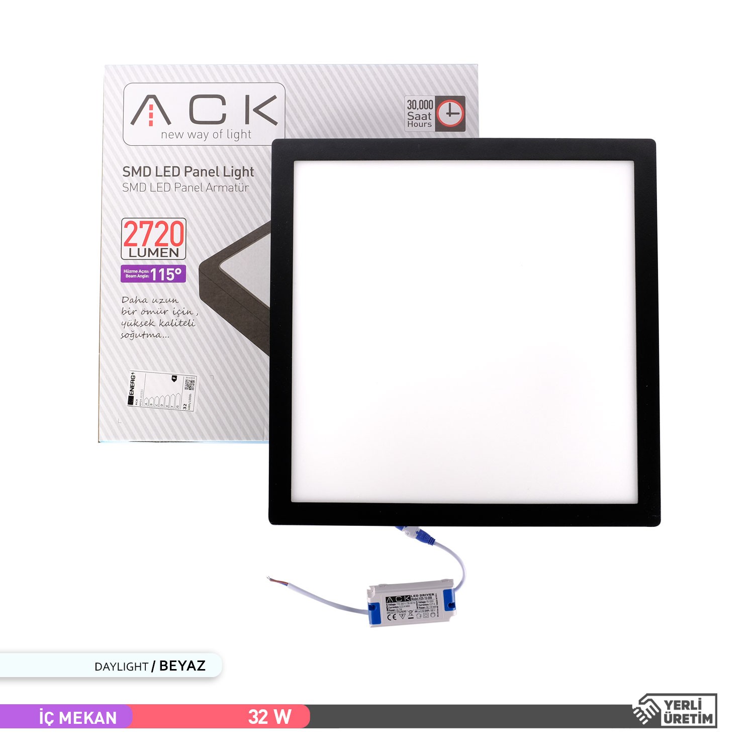 ACK 32W Sıva Üstü Kare LED Panel Armatür Siyah Gövde 6500K Beyaz Işık AP04-03331