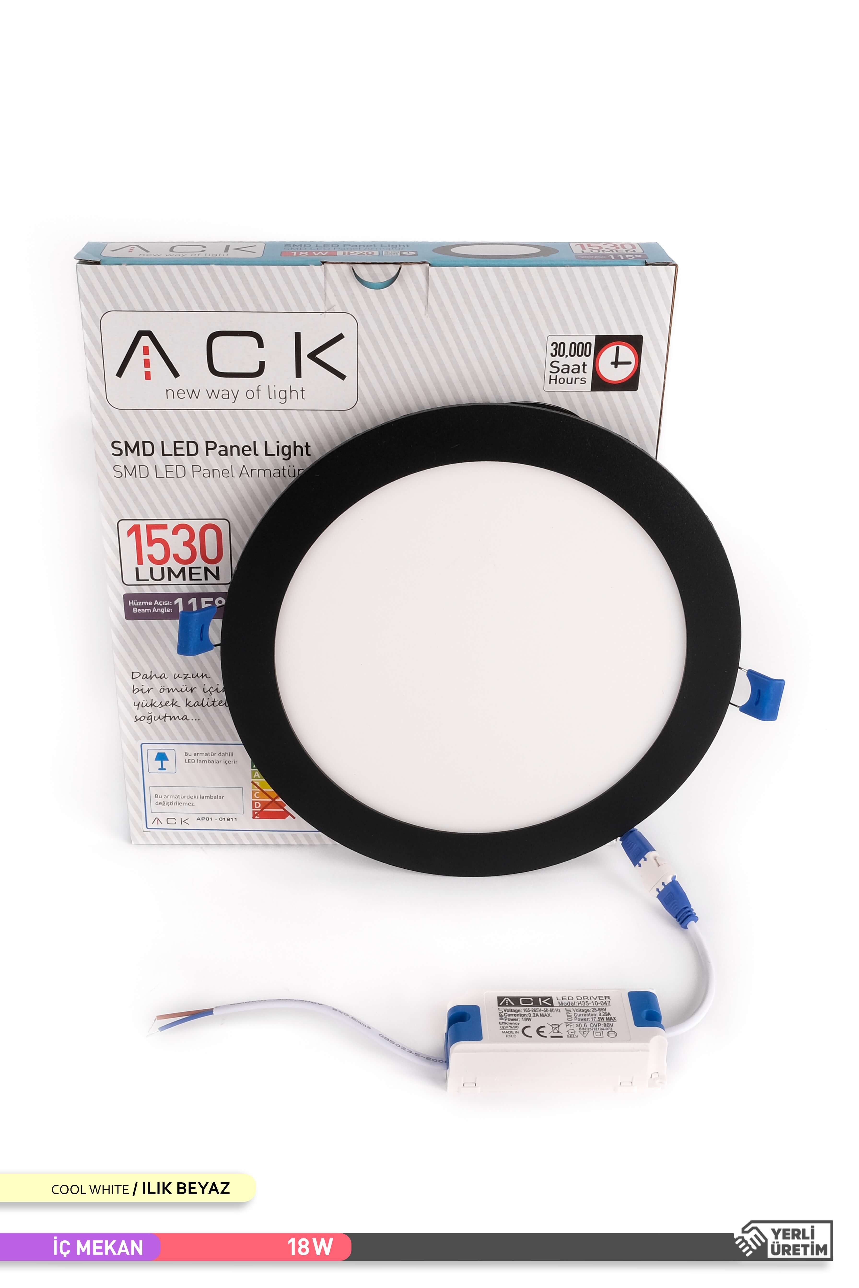 ACK 18W Sıva Altı Yuvarlak LED Panel Armatür Siyah Gövde 4000K Ilık Beyaz AP01-01811