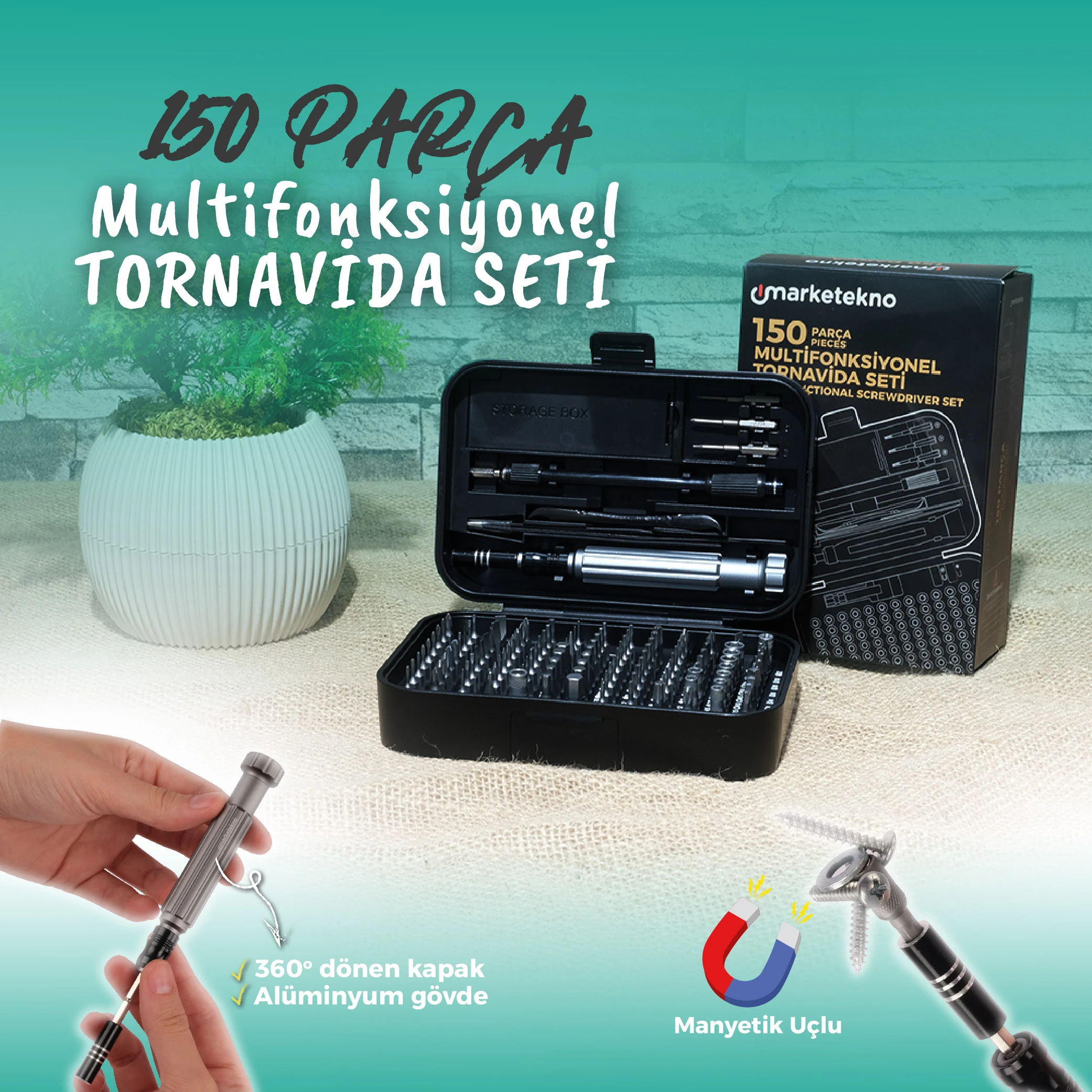 Multifonksiyonel 150 Parça Tornavida Seti - Manyetik Uçlu Profesyonel Onarım ve Telefon Tamir Seti  