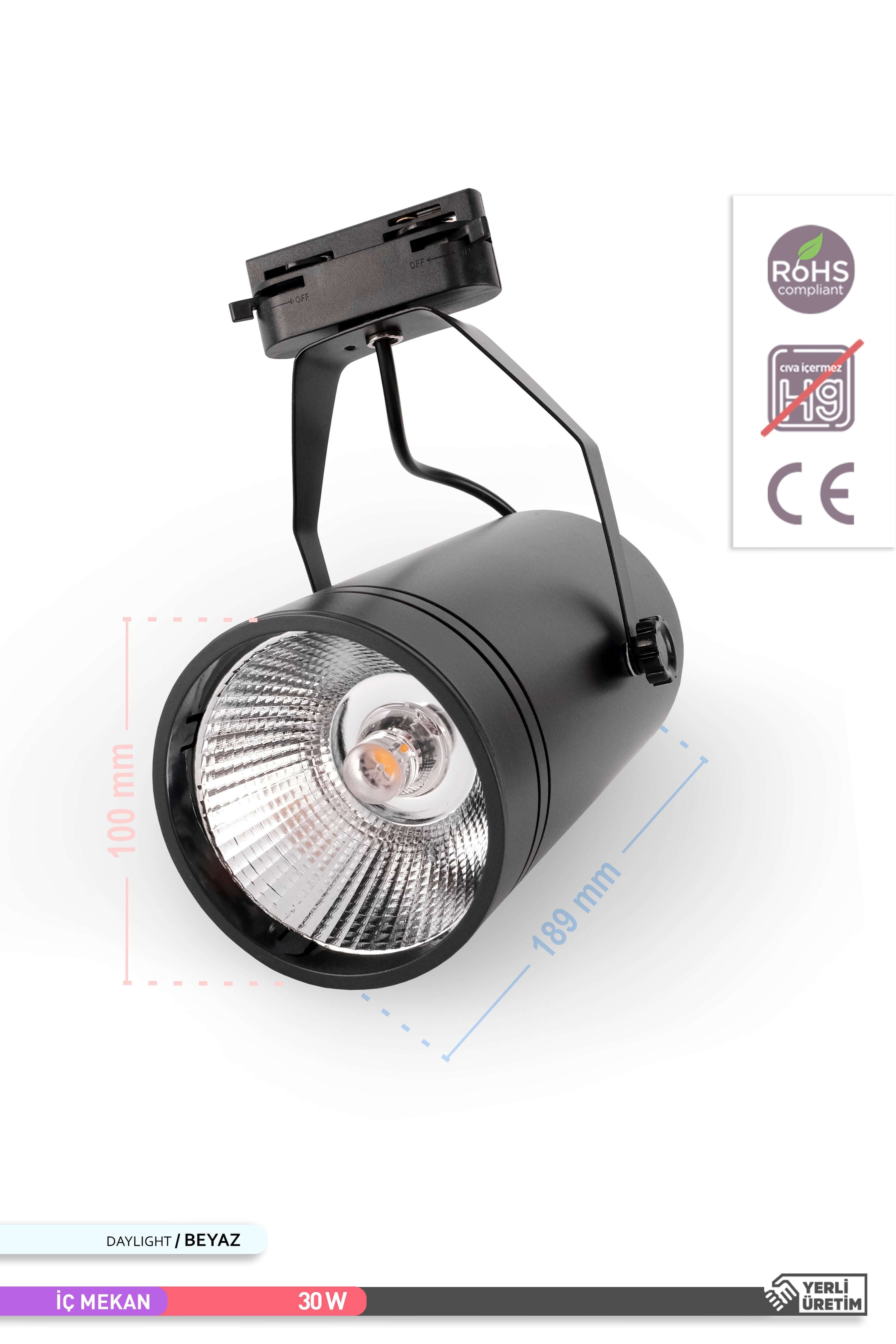 ACK COB LED Monofaze Ray Armatürü Siyah Gövde Çift Ayaklı 6500K Beyaz Işık 30W