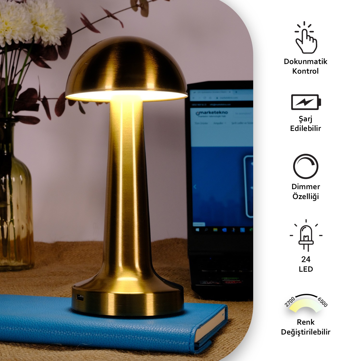 ACK Şarjlı Dokunmatik LED Masa Lambası, Renk Değiştirilebilir, Gold Renk Metal Gövde