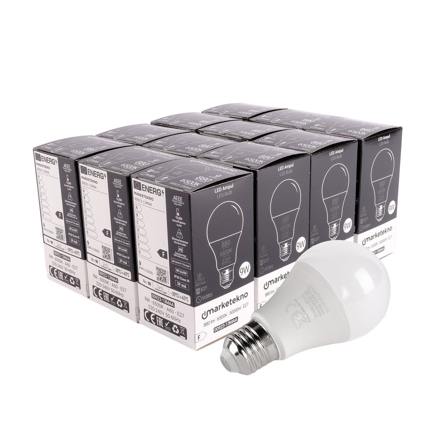 Marketekno 9W LED Ampul 6500K Beyaz Işık A60 E27 12'li Paket Ampul
